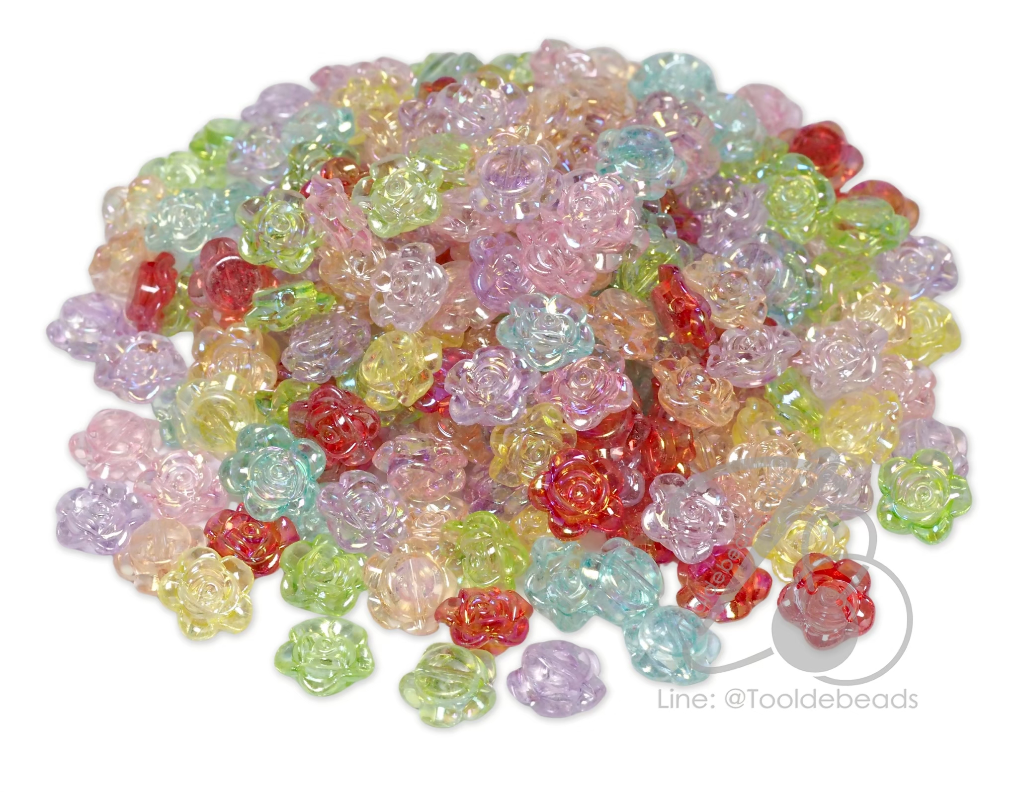 ลูกปัดพลาสติก เคลือบรุ้ง 12มม. ลายดอกไม้ร้อยข้าง คละสีรุ้งใส (80 กรัม) SKU-18473