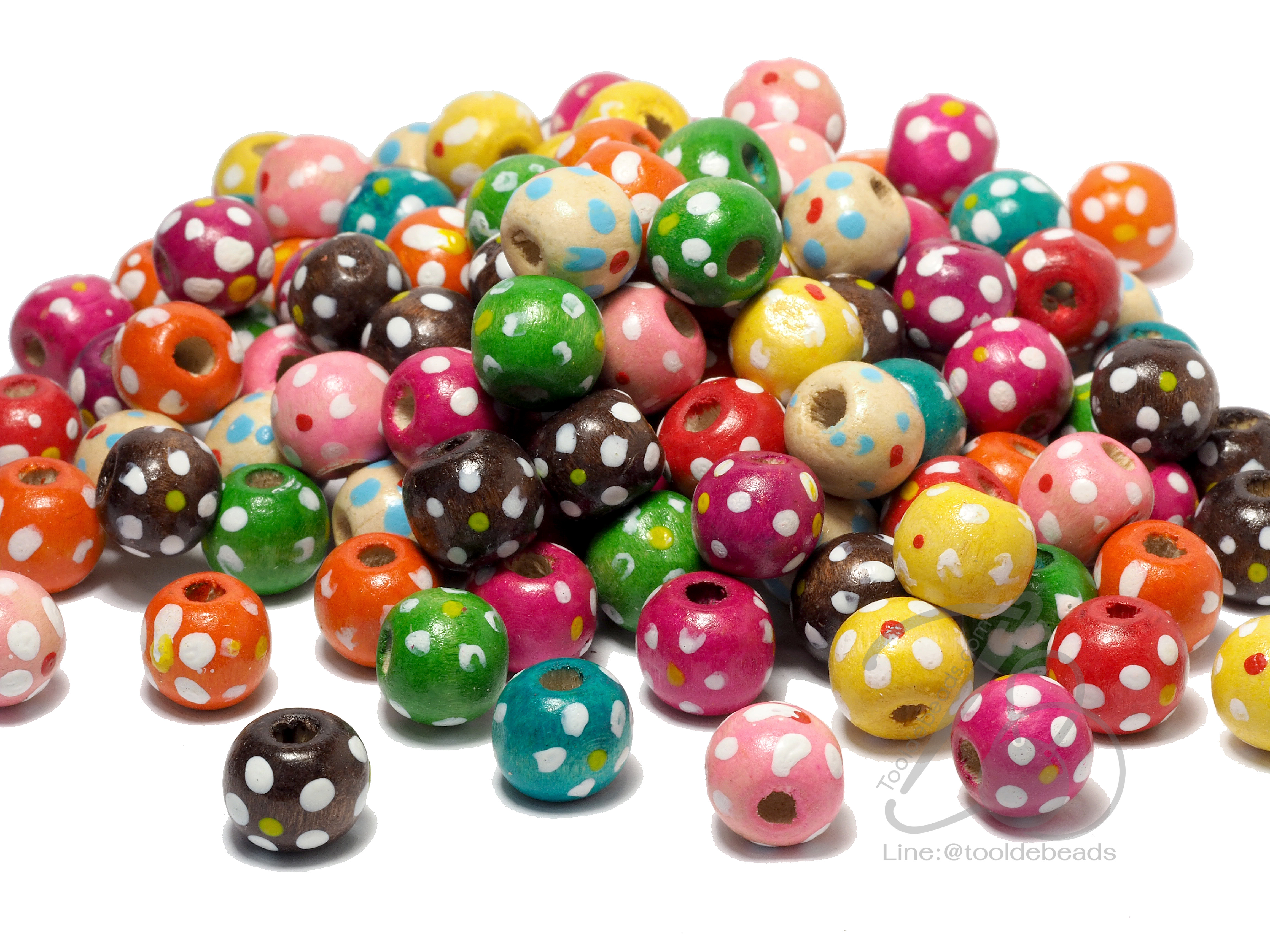 ลูกปัดไม้ 10มม. ลายจุดดอกไม้ คละสี (80 กรัม) SKU-03678