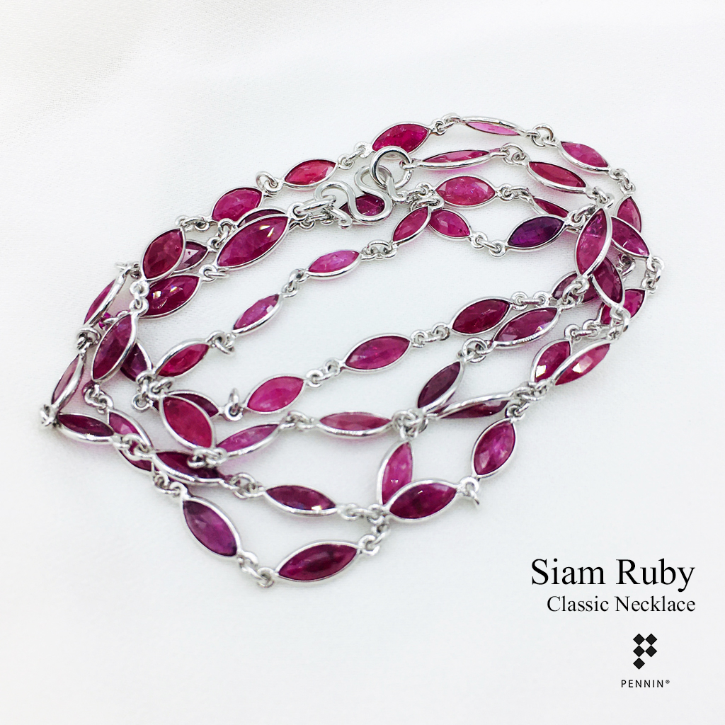 สร้อยคอทับทิมสยาม หรือ ทับทิมจันทบุรี ทรงมาคี 7x5mm หุ้มผ่าหวายเงินแท้ 92.5% ชุบทองขาว ยาว 24" สวย คลาสสิก