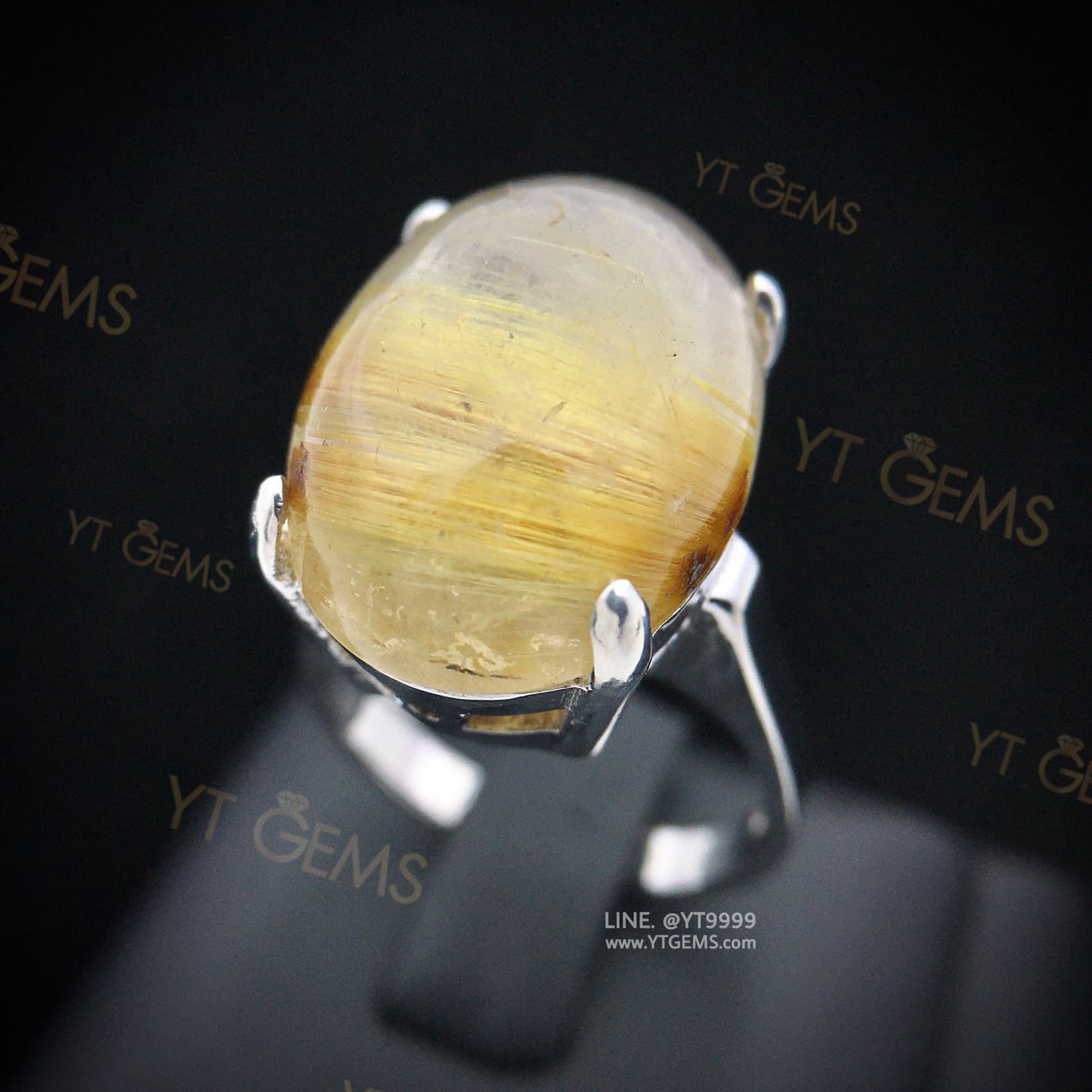 แหวนแก้วไหมทอง แหวนเงินแท้ ชุบทองคำขาว แก้วไหมทองแท้ YTG-11669 YTGEMS