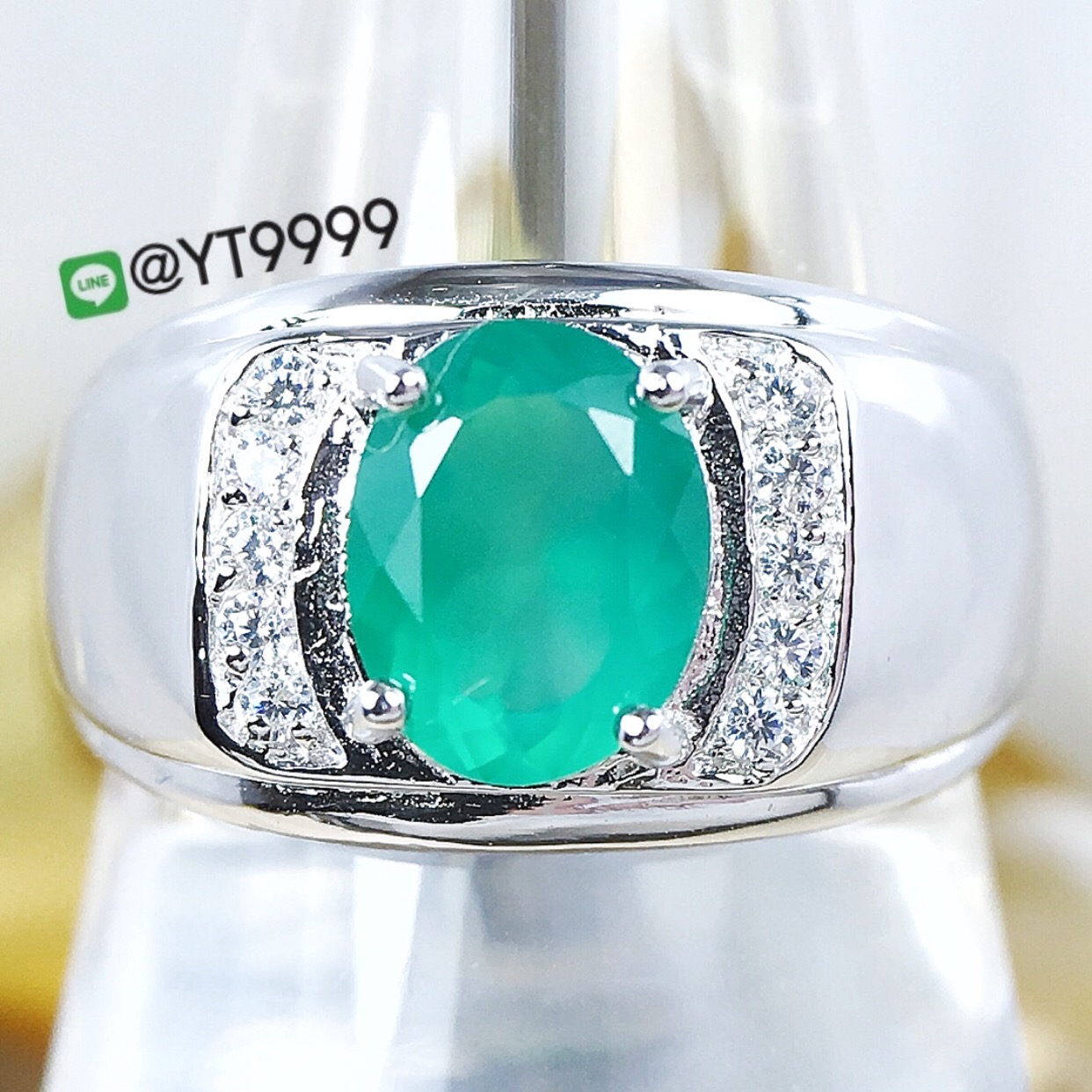 แหวนกรีนอาเกต แหวนเงินแท้ ชุบทองคำขาว พลอยกรีนอาเกตแท้ YTG-8433 YTGEMS