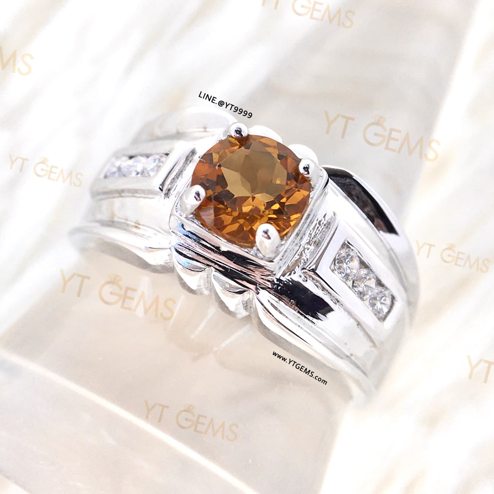 แหวนซิทรินสีส้ม ข้างเพชร แหวนเงินแท้ ชุบทองคำขาว พลอยซิทรินแท้ YTG-11597 YTGEMS