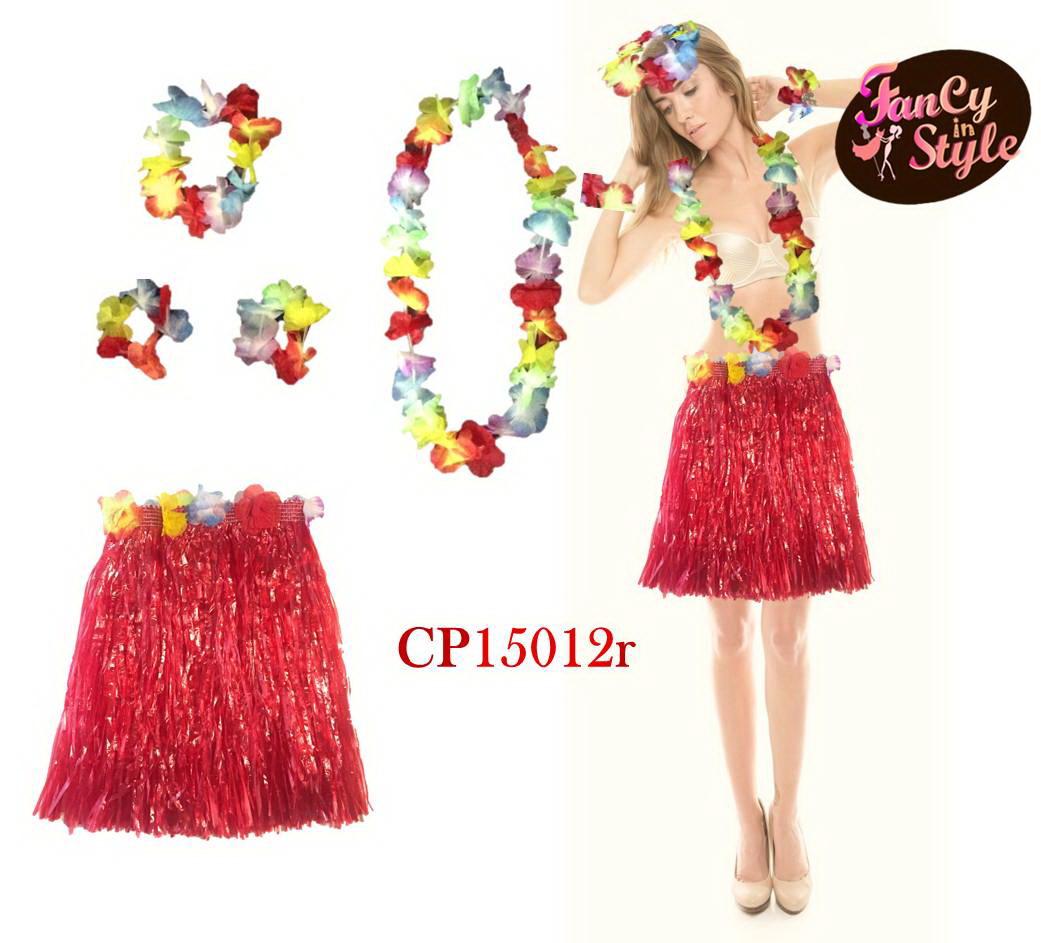 Hawaiian costume set/กระโปรงฮาวายสีแดง พร้อมเซ็ทมาลัยฮาวาย 4 ชิ้น