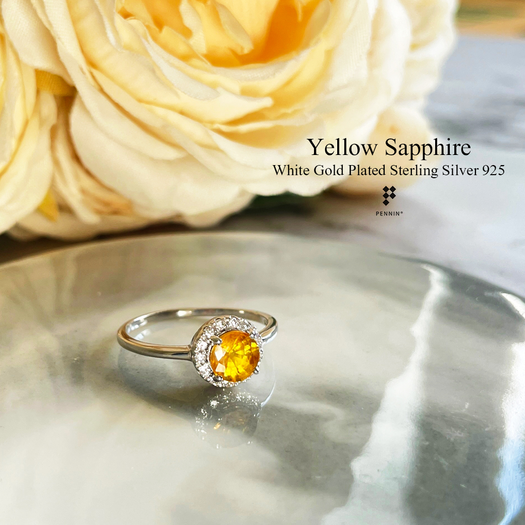 แหวนบุษราคัม บางกะจะ จันทบุรี กลม 6mm ล้อมเพชรสวิส CZ แบบมินิมอล สวย น่ารัก เงินแท้ชุบทองขาว