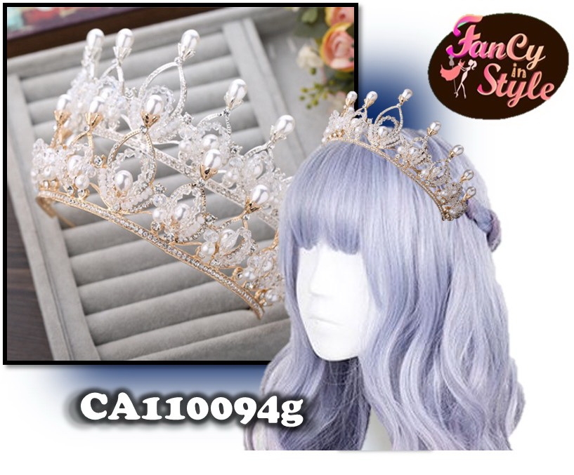COSTUME ACCESSORIES/Headpiece/Crown/มงกุฎตกแต่งคริสตัลเพชร มุก และลูกปัดแวววาวก้านสีทอง