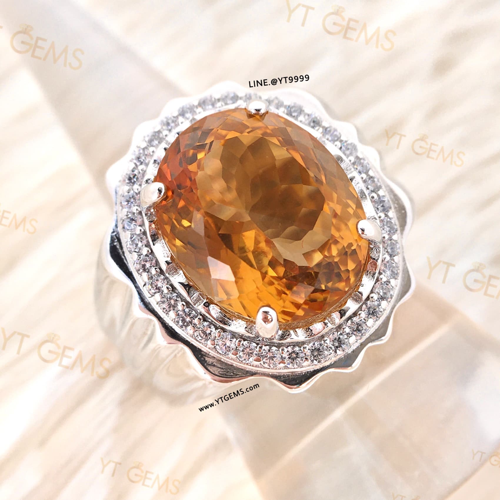 แหวนซิทรินสีส้ม ล้อมเพชร แหวนเงินแท้ ชุบทองคำขาว พลอยซิทรินแท้ YTG-11542 YTGEMS