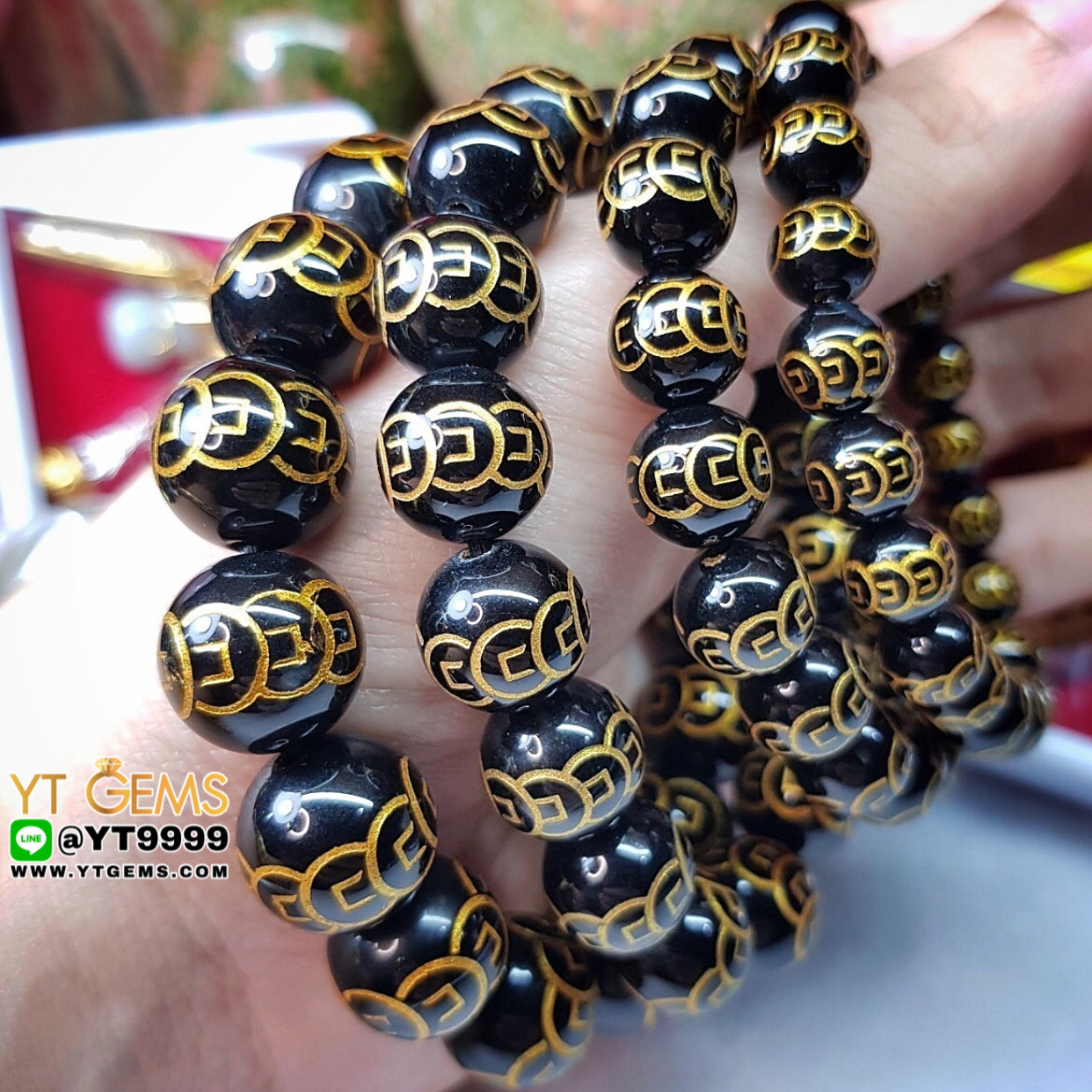 สร้อยข้อมือนิล เกรดA (สลัก9เหรียญ) นิลแท้ ขนาดหิน 14 mm YTG-9000 YTGEMS