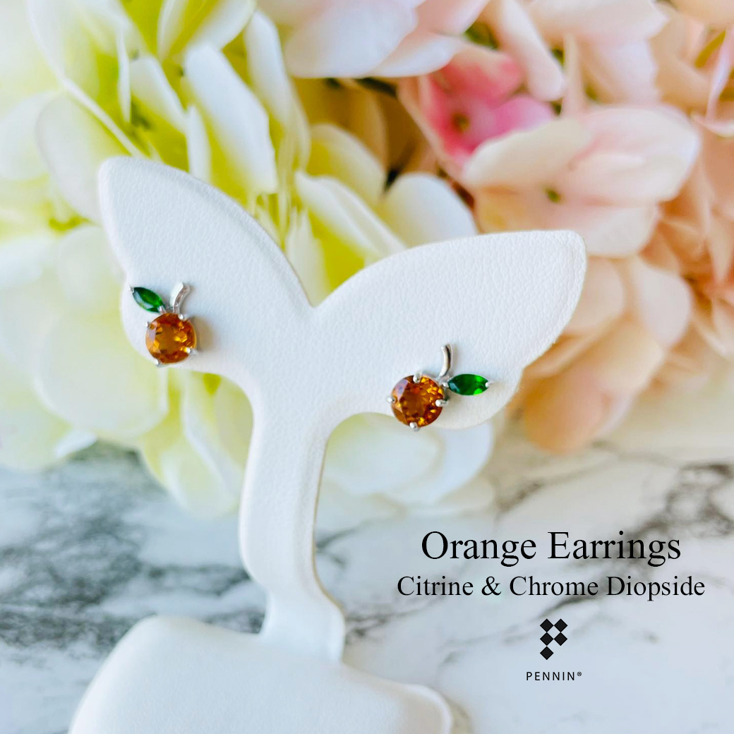 ต่างหูส้ม ซิทริน (Citrine) แซมใบ พลอยกรีนโครมไดออฟไซด์ (Chrome Diopside) สวยน่ารัก เงินแท้ 925 ชุบทองคำขาว