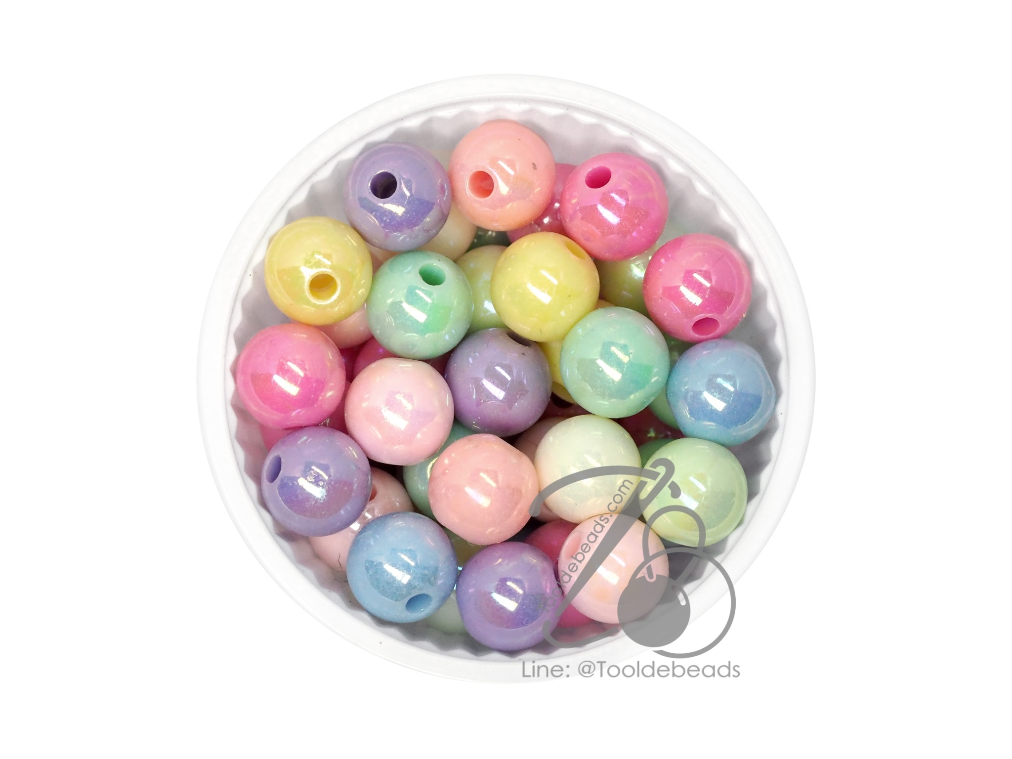 ลูกปัดพลาสติก เคลือบรุ้งพาสเทล 10มม. ทรงกลม คละสี (15 กรัม) SKU-12236