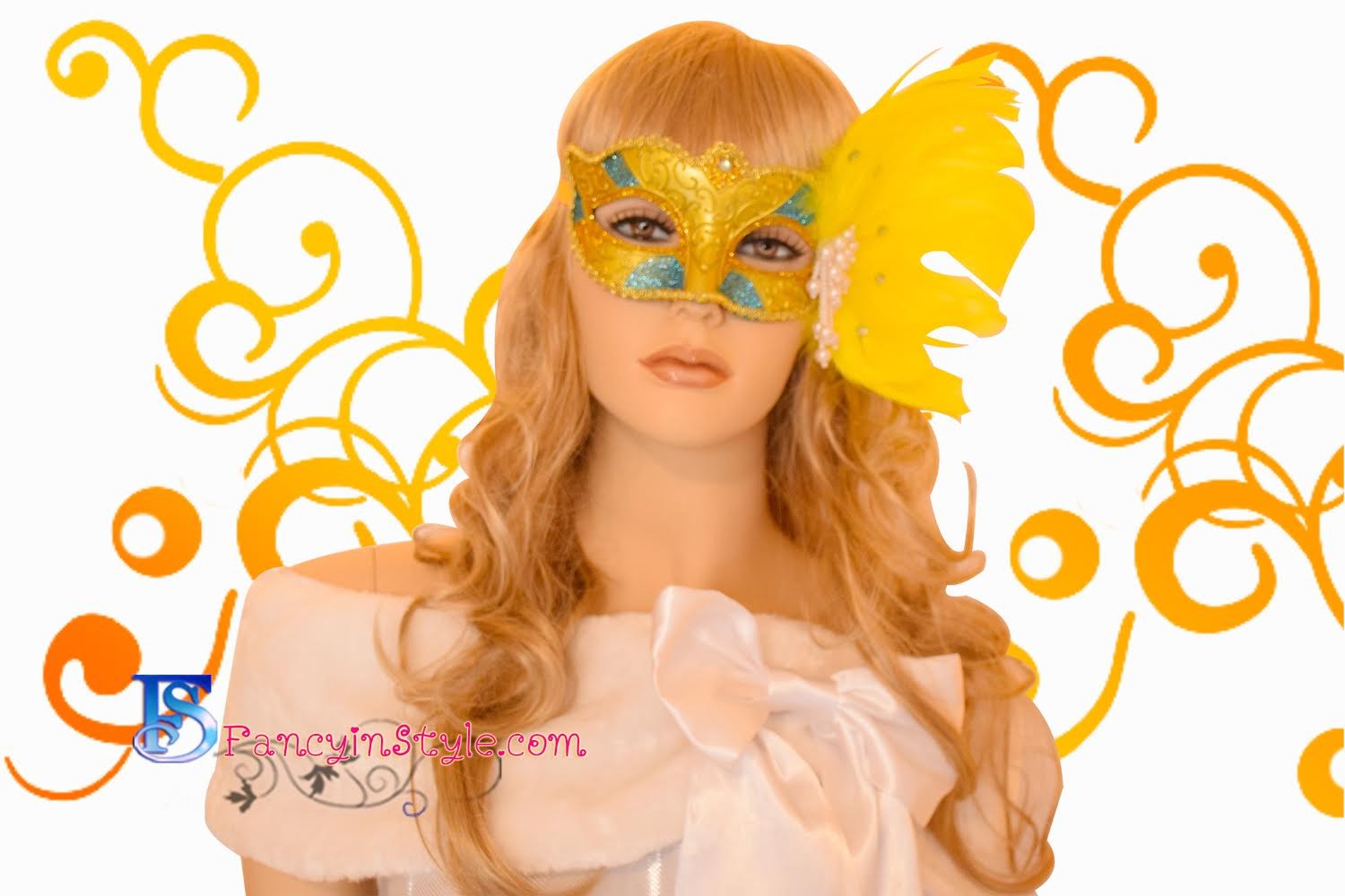 Fancy Mask หน้ากากแฟนซีแต่งขนนกและมุกสีเหลืองขลิบทอง