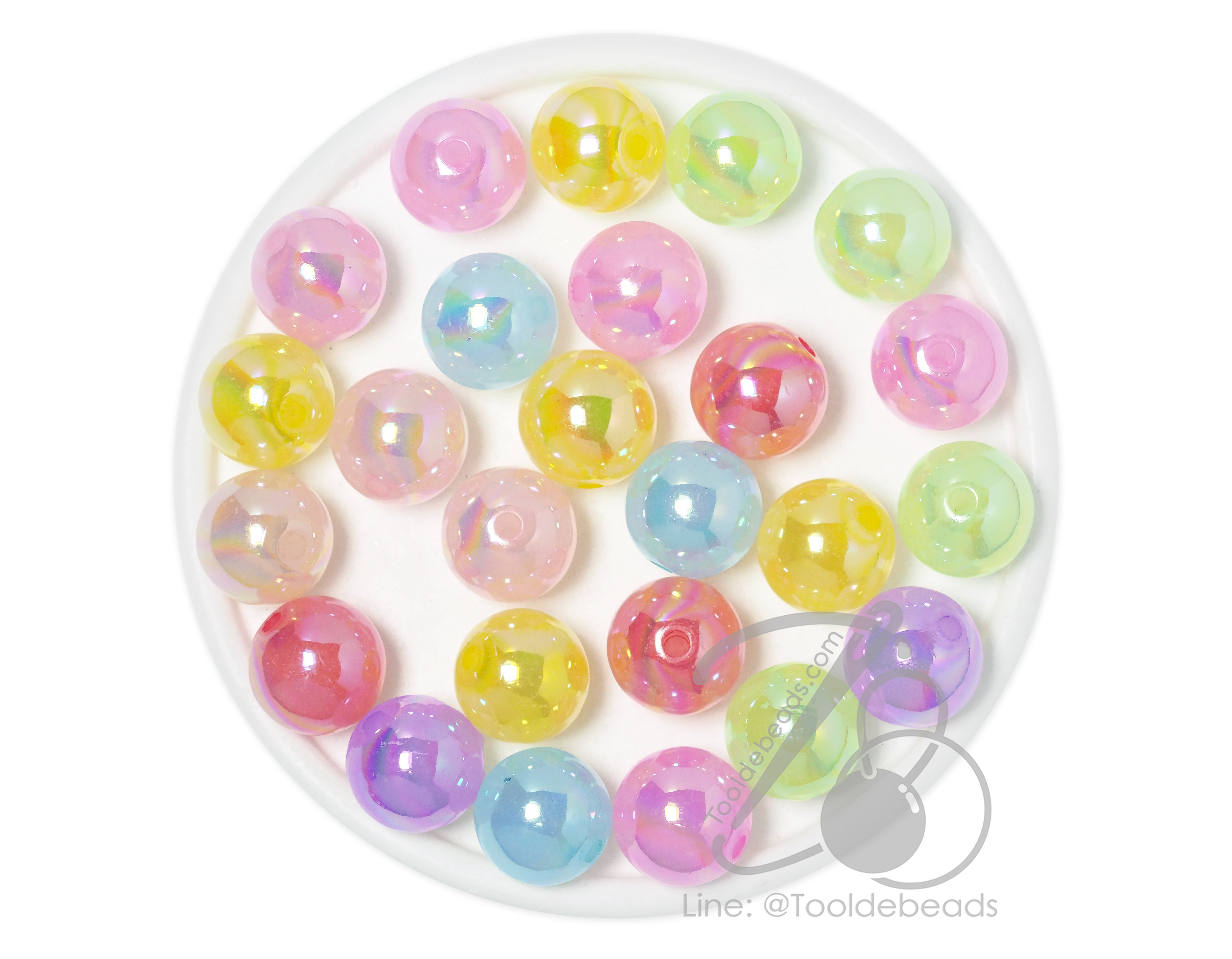 ลูกปัดพลาสติก เคลือบรุ้ง 16มม. ทรงกลม คละสีเยลลี่หวาน (10 กรัม) SKU-17482