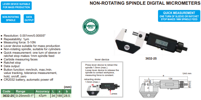 Non-Rotating Spindle Digital Micrometer