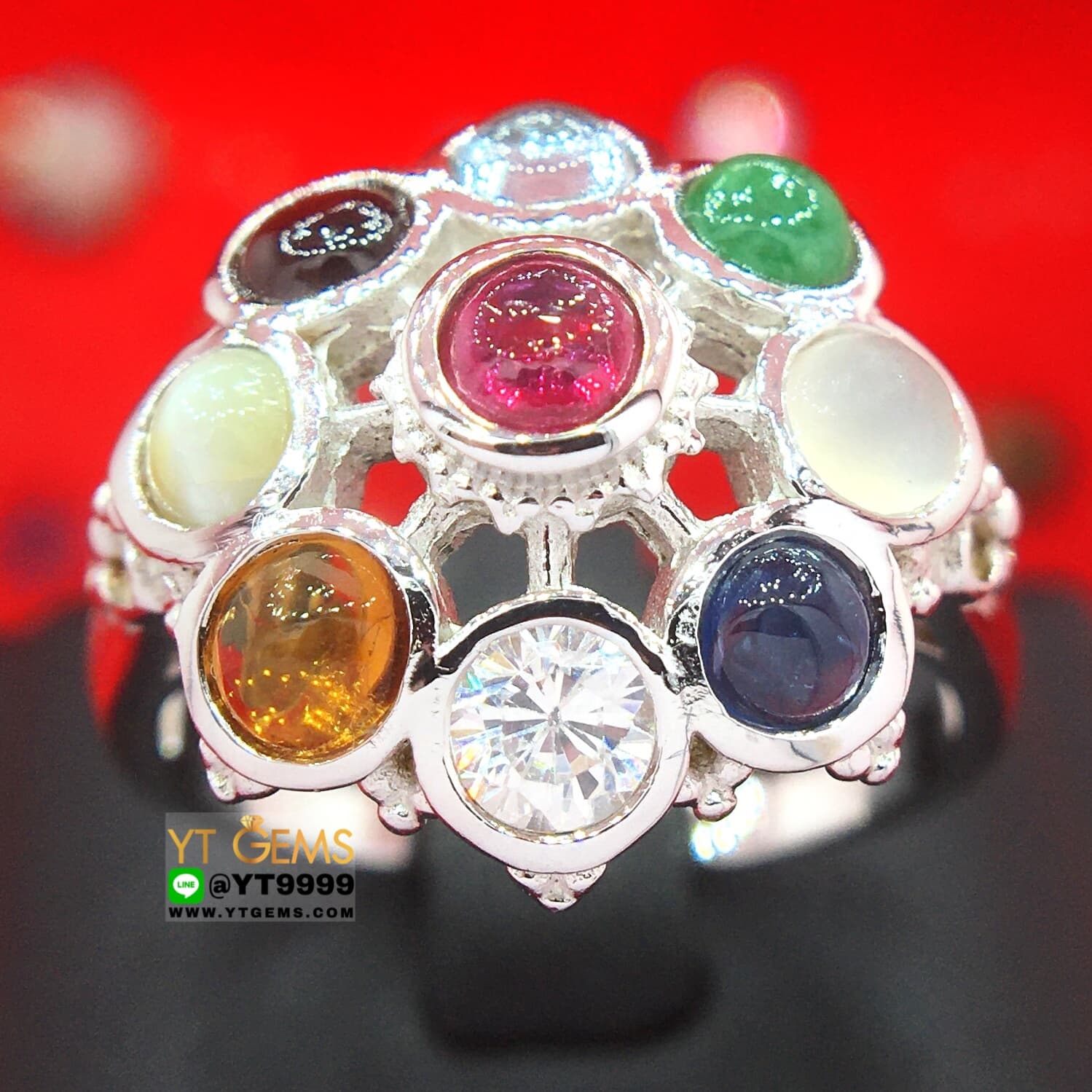 แหวนนพเก้าแท้ ทรงโบราณ แหวนเงินแท้ ชุบทองคำขาว พลอยนพเก้าแท้ (พลอยแท้ครบตามตำรา) YTG-1071 YTGEMS