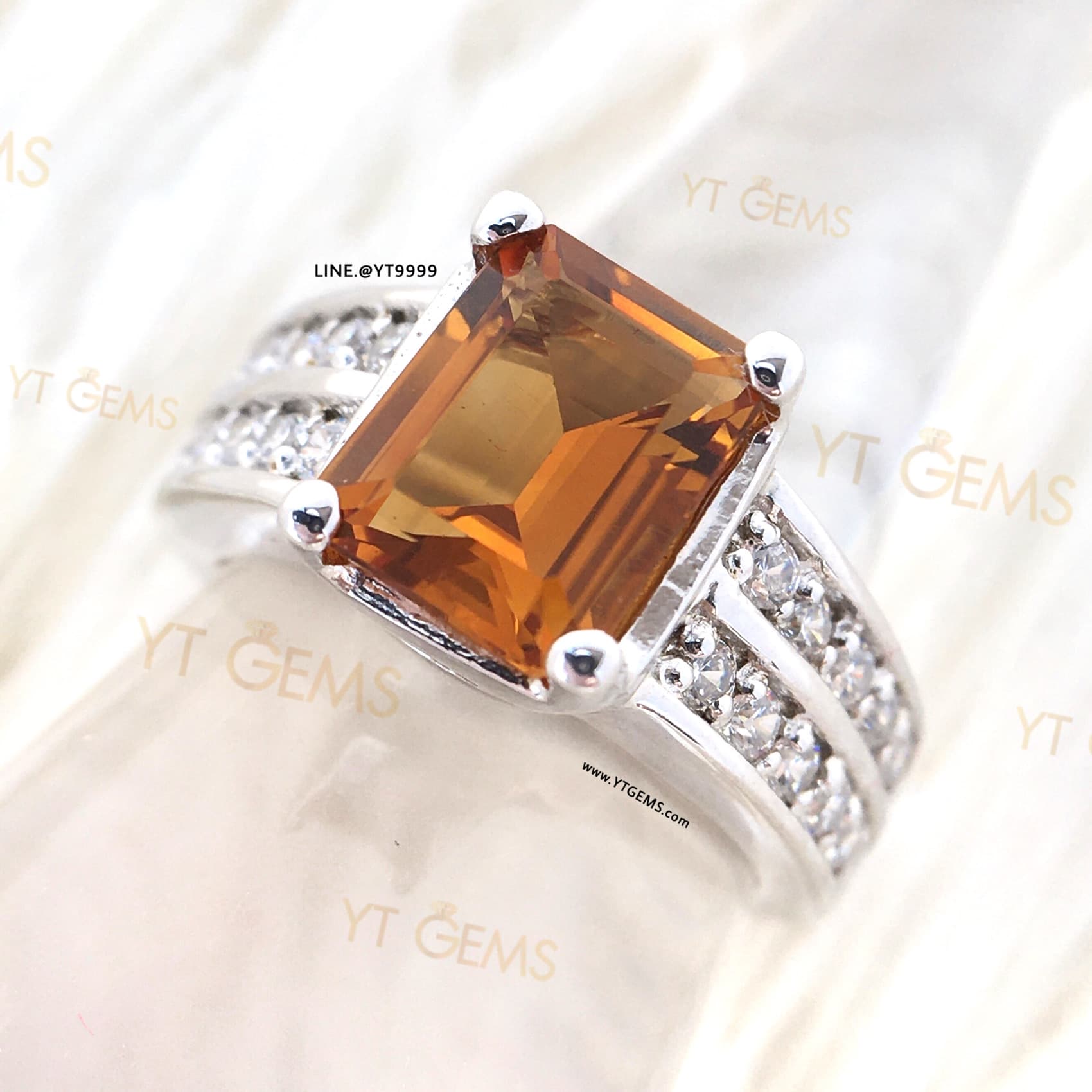 แหวนซิทรินสีส้ม ข้างเพชร แหวนเงินแท้ ชุบทองคำขาว พลอยซิทรินแท้ YTG-11573 YTGEMS