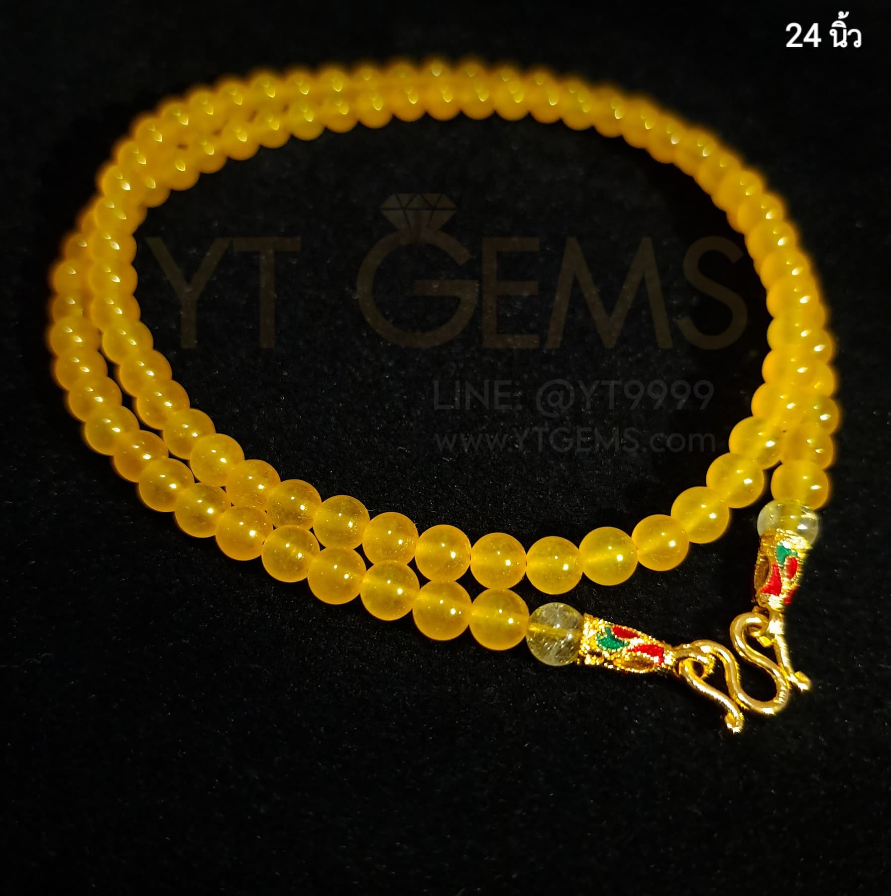 สร้อยคอหยกน้ำผึ้ง (หินแท้) 6 มม. 24 นิ้ว ไหมทองแท้ ตะขอ ชุบทอง ลงยา YTG-11891 YTGEMS
