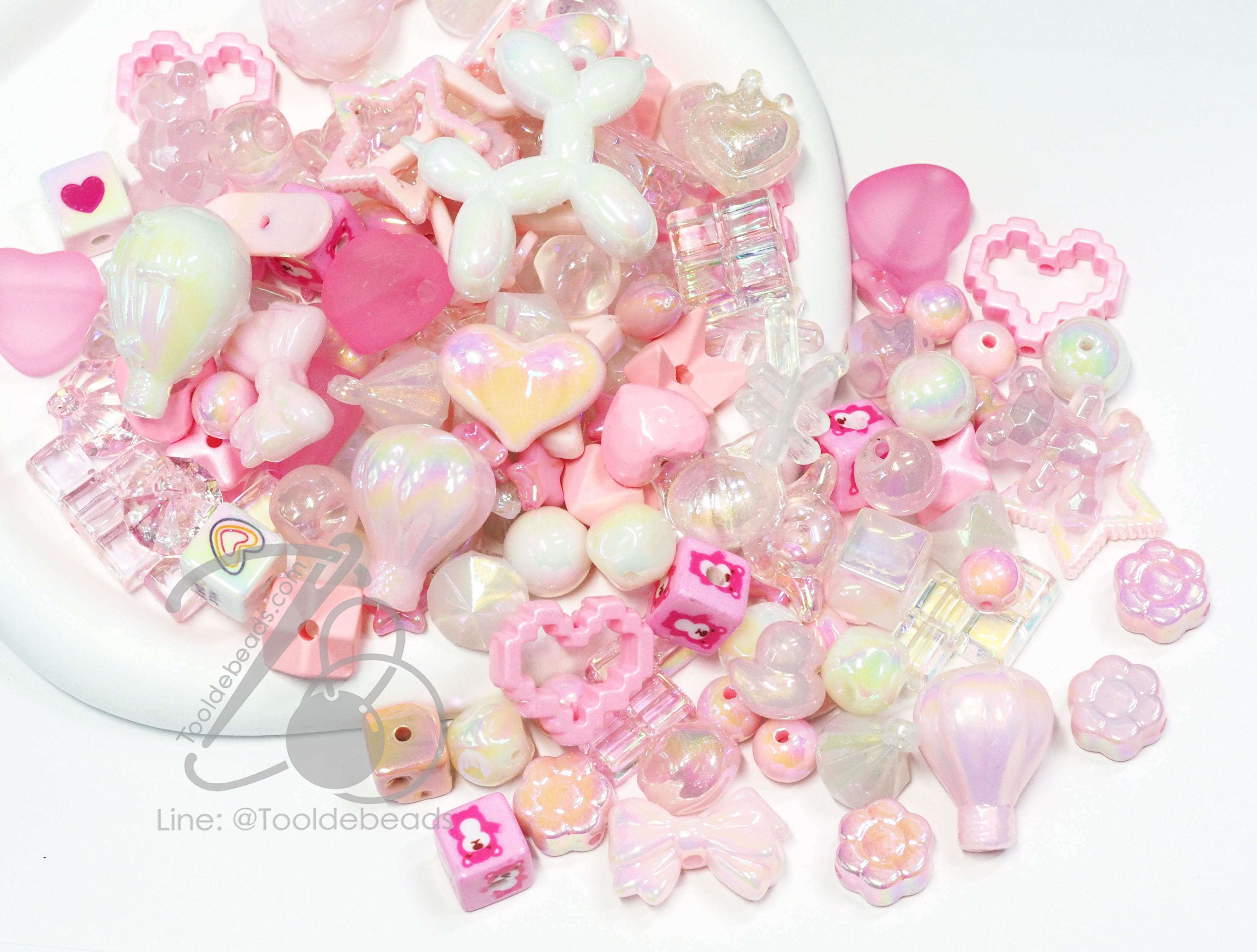 ลูกปัดอะคริลิค เคลือบรุ้ง คละลาย (High Quality) สีชมพู (500 กรัม) SKU-16631