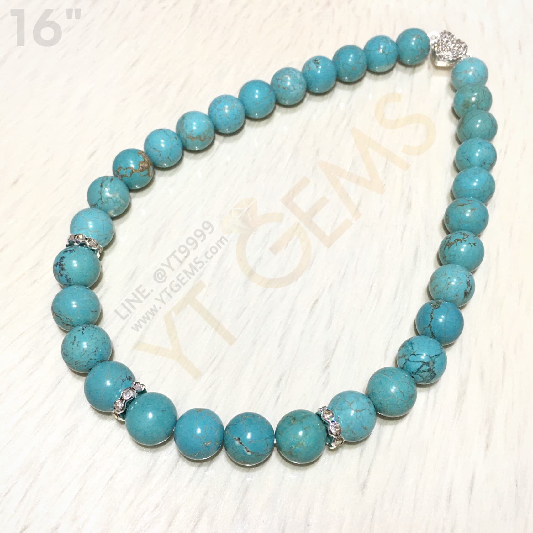 สร้อยคอเทอร์ควอยส์ (หินแท้) 12 มม. แต่งล้อเพชร ตะขอเพชรทรงหัวใจ 16 นิ้ว YTG-11753 YTGEMS