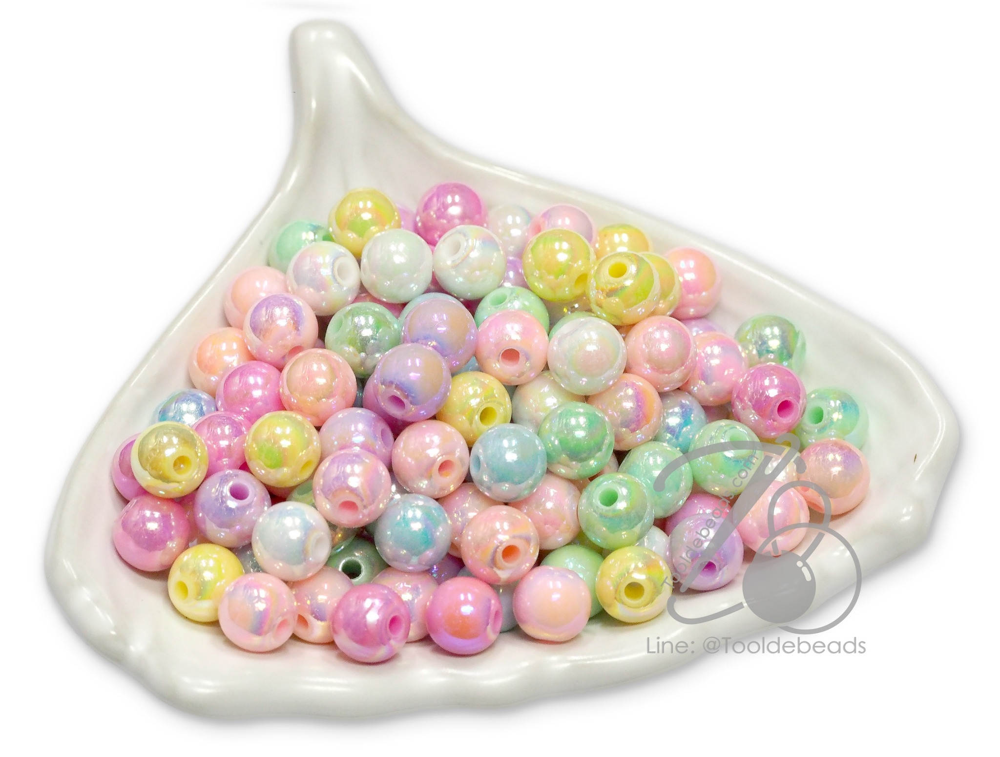 ลูกปัดพลาสติก เคลือบรุ้งหวาน 8มม. ทรงกลม คละสี (80 กรัม) SKU-15882
