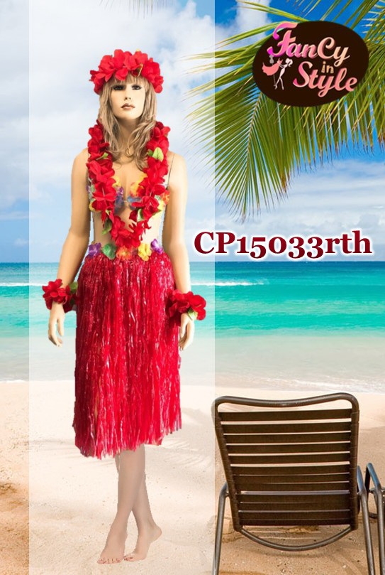 International Costume/กระโปรงฮาวายแบบหนาสีแดง ยาว 30 นิ้วรวมsetมาลัยดอกไม้