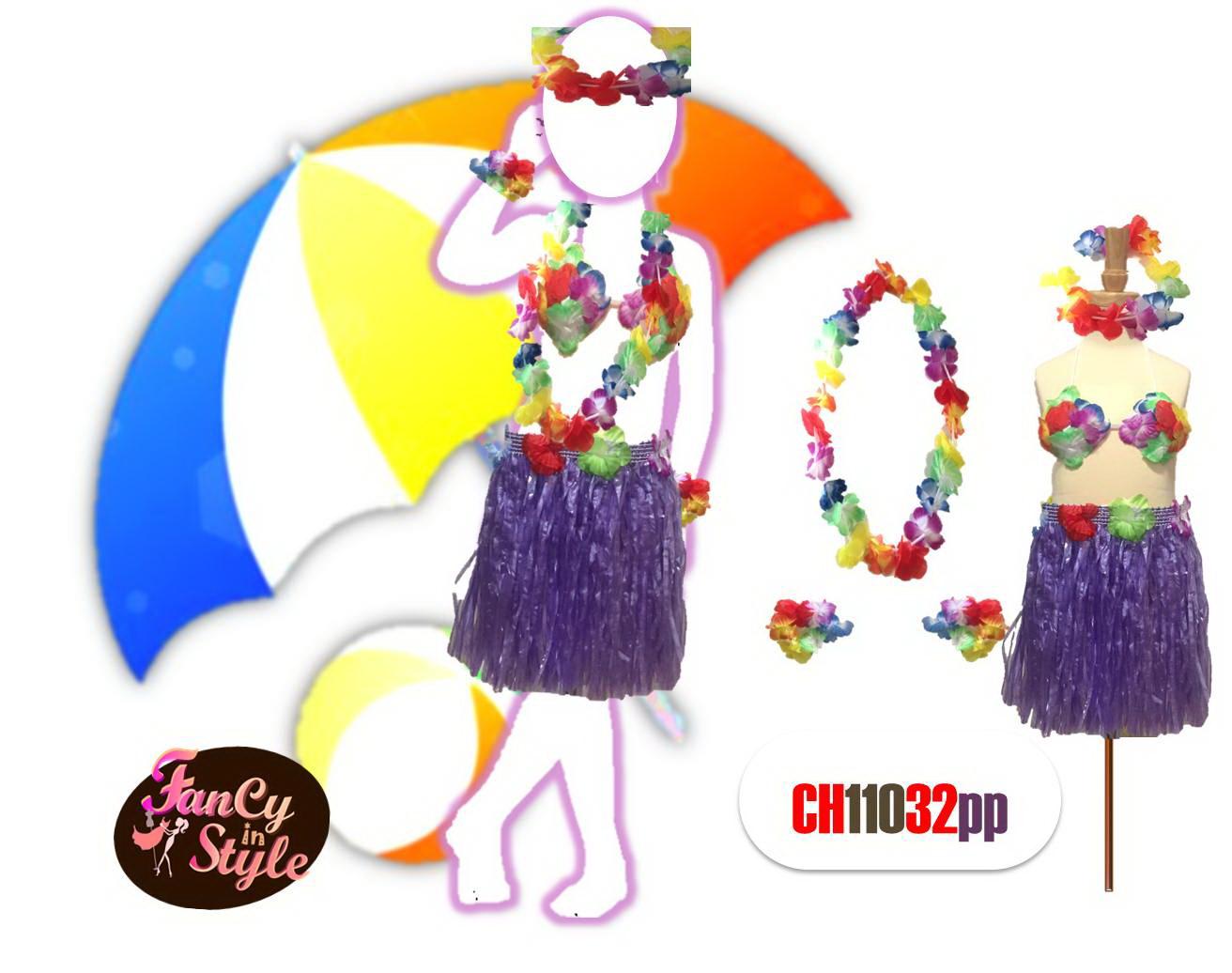 Hawaiian Costume Set for girls/กระโปรงฮาวายสีม่วง พร้อมบราดอกไม้และเซ็ทมาลัยฮาวาย 4 ชิ้น