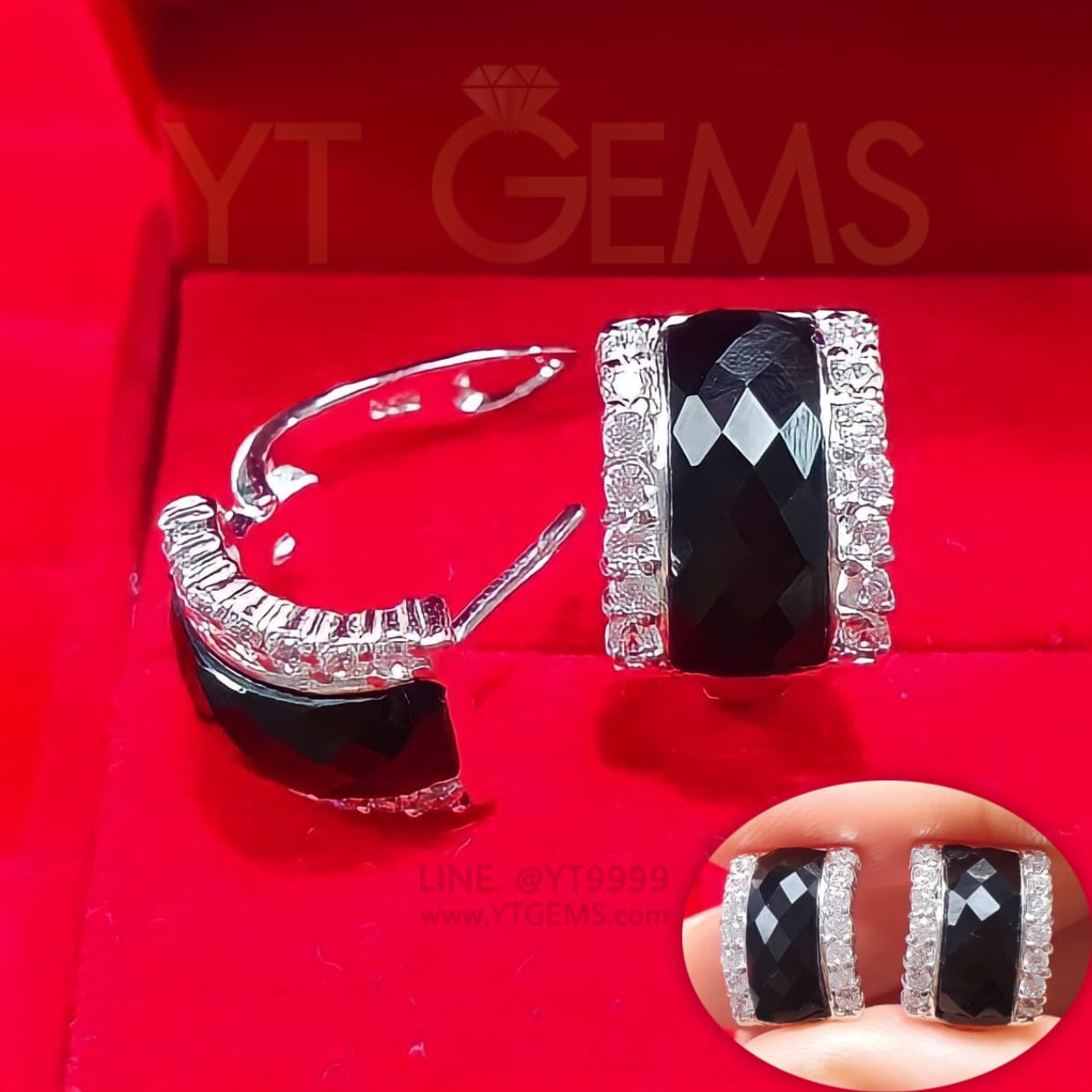 ต่างหูนิล ล้อมเพชร ต่างหูเงินแท้ ชุบทองคำขาว พลอยนิลแท้ YTG-11725 YTGEMS