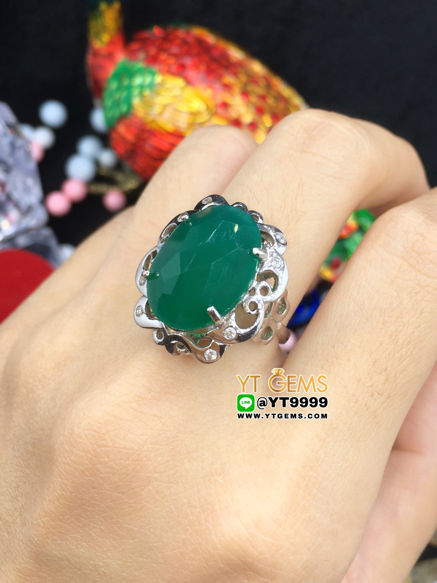 แหวนกรีนอาเกต แหวนเงินแท้ ชุบทองคำขาว พลอยกรีนอาเกตแท้ YTG-8406 YTGEMS