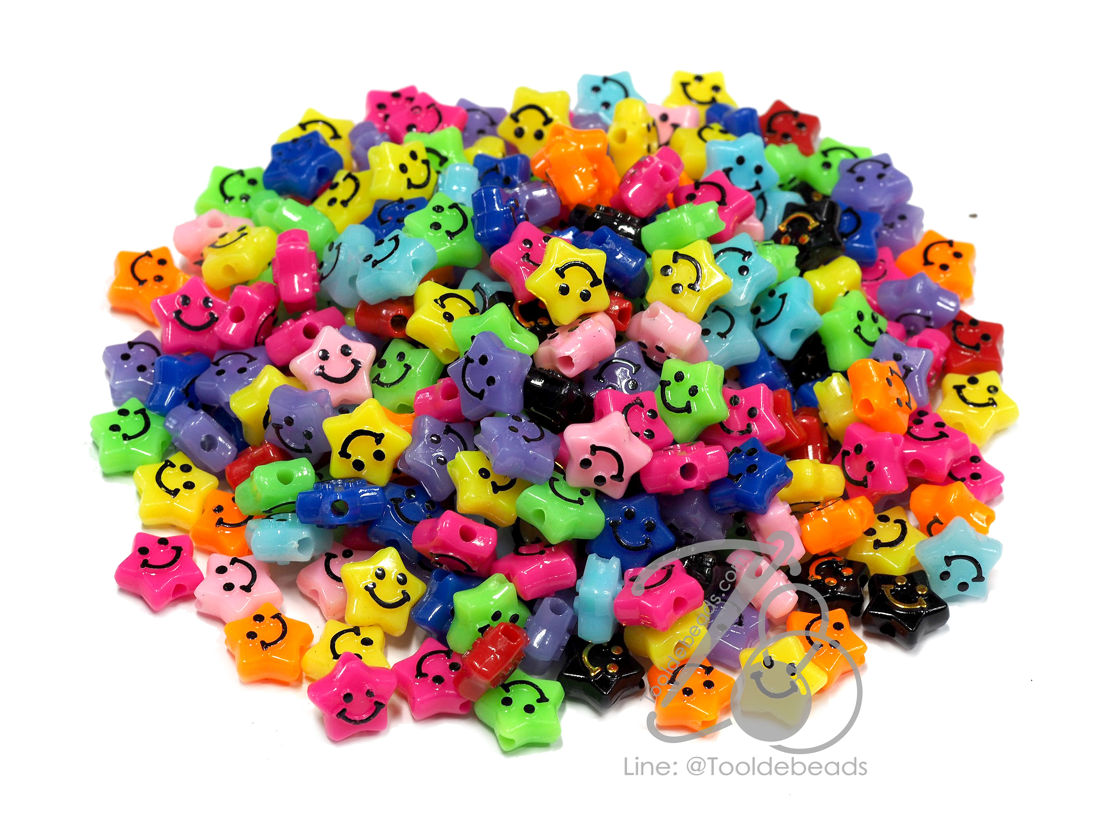 ลูกปัดอะคริลิค 10มม. ลายหน้ายิ้มดาว คละสี (100 กรัม) SKU-13891