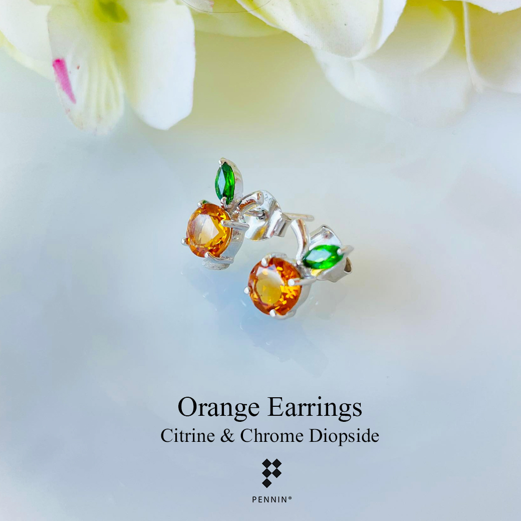 ต่างหูส้ม ซิทริน (Citrine) แซมใบ พลอยกรีนโครมไดออฟไซด์ (Chrome Diopside) สวยน่ารัก เงินแท้ 925 ชุบทองคำขาว