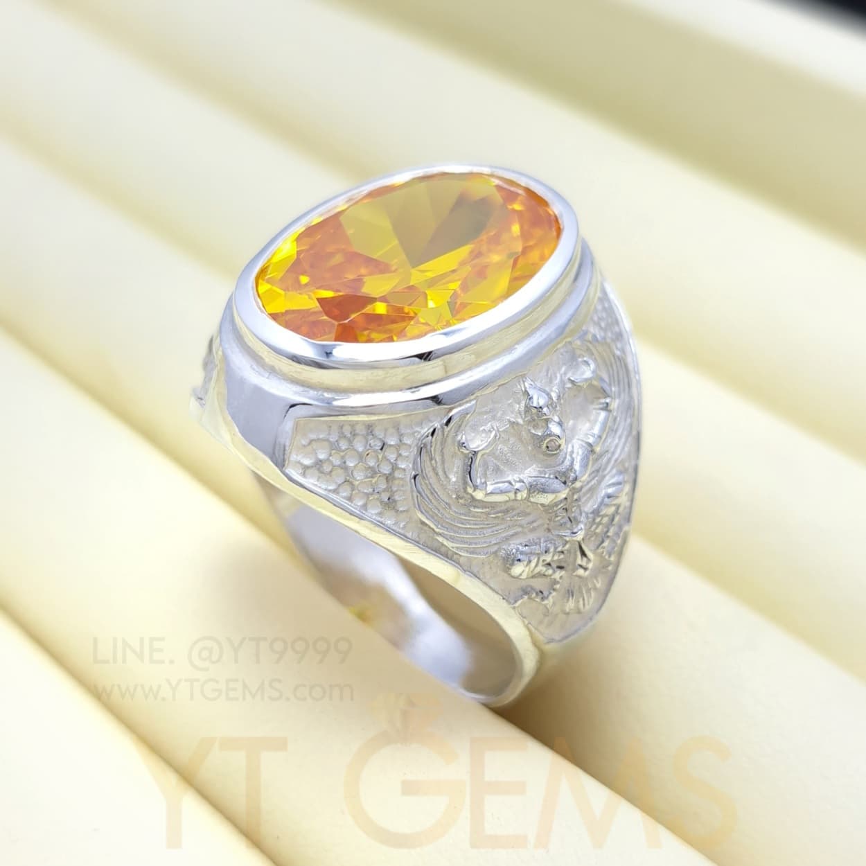 แหวนบุษราคัม แหวนครุฑ แหวนเงินแท้ ลายพญาครุฑ พลอยบุษราคัม (CZ) YTG-11396 YTGEMS whole