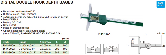 INSIZE เวอร์เนียวัดลึกดิจิตอลแบบ Double hook ( Digital Double Hook Depth Gages ) รุ่น 1144-150A