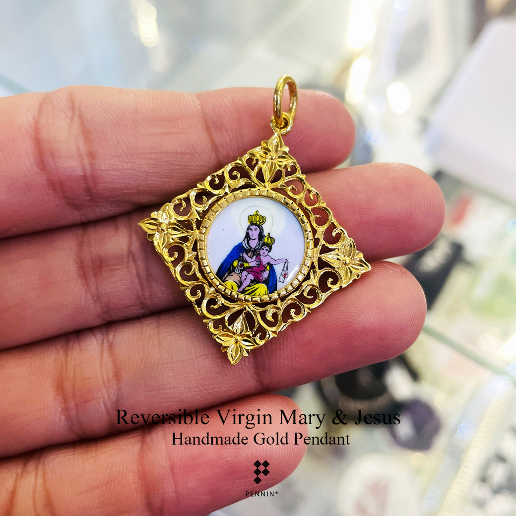 จี้แม่พระกรอบทองกระเบื้องเคลือบอิตาลี แม่พระนิจจานุเคราะห์/พระเยซู ทอง 90 ฉลุลายมะลิเลื้อย