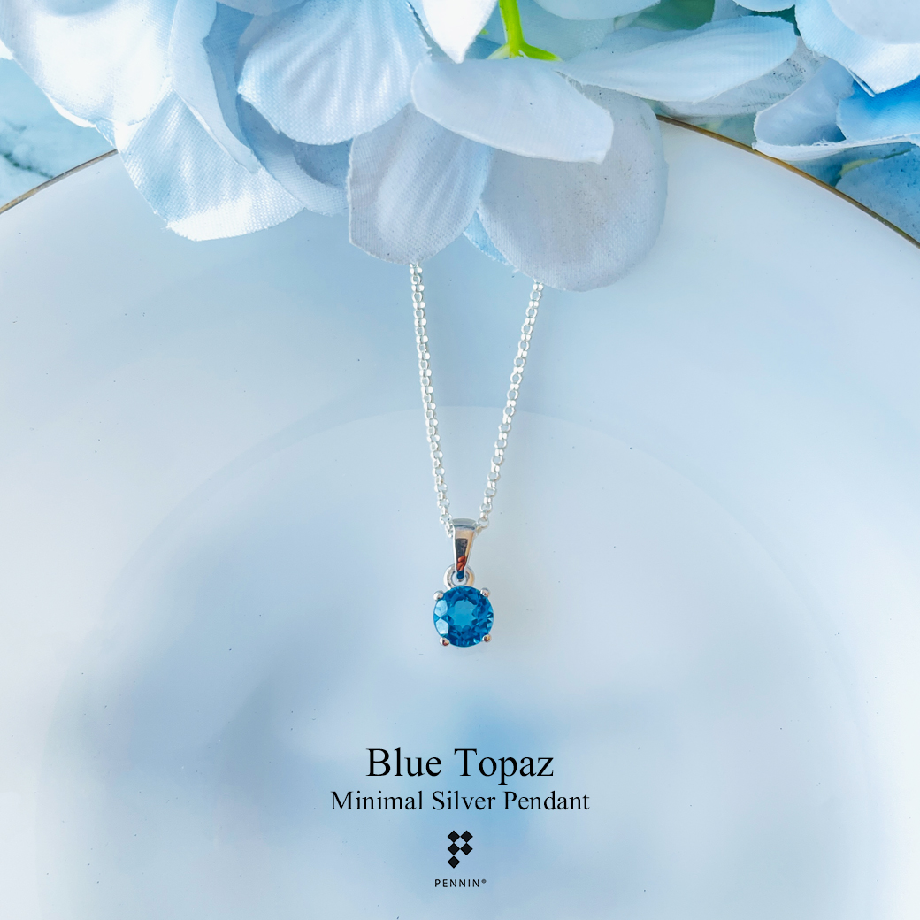 จี้บลูโทแพซ (Blue Topaz) กลม 6mm หนามเตย เม็ดเดี่ยว สีฟ้าสว่างสดใส พร้อมสร้อยเงิน 16 นิ้ว