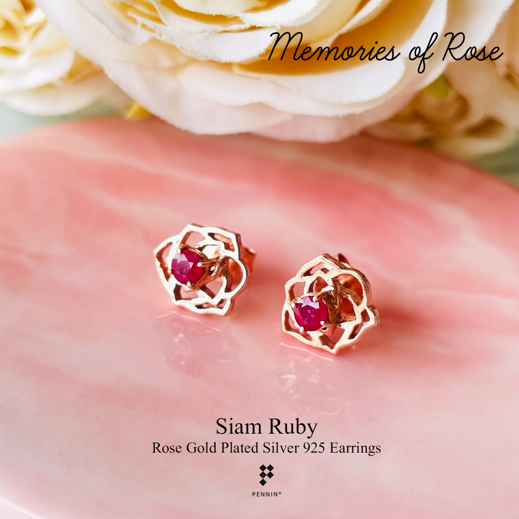 Memories of Rose: ต่างหูดอกกุหลาบ เงินแท้ 925 ชุบโรสโกลด์ ประดับพลอยทับทิมสยาม แบบติดหู สวยหวาน