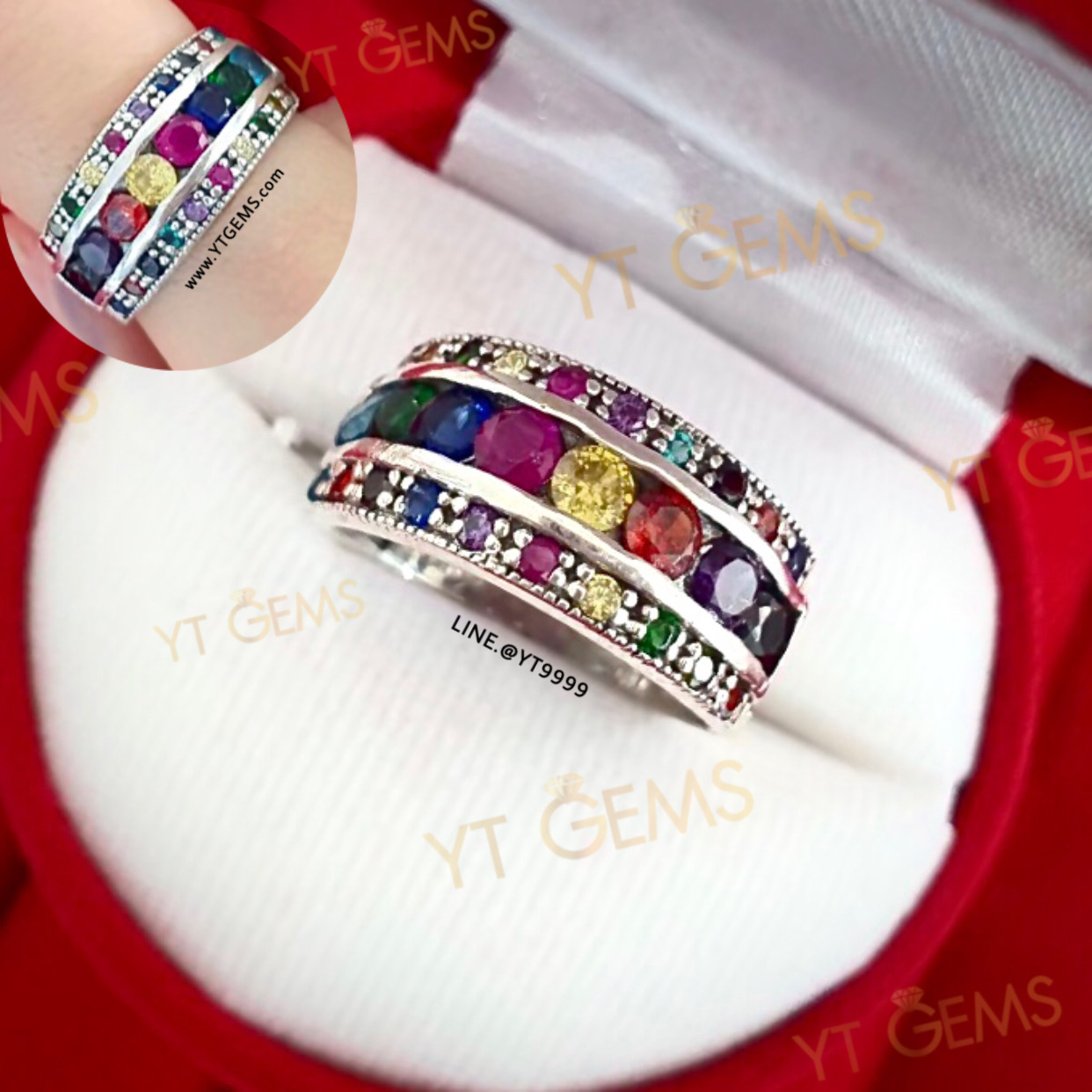 แหวนแถว นพเก้า แหวนเงินแท้ รมดำ พลอยหลากสี (CZ) YTG-4469 YTGEMS