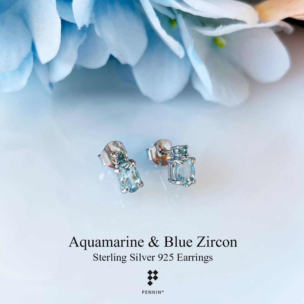 ต่างหู อควอมารีน (Aquamarine) แซมเพทายฟ้า เงินชุบทองคำขาว สีฟ้าอ่อน สงบ สบายตา