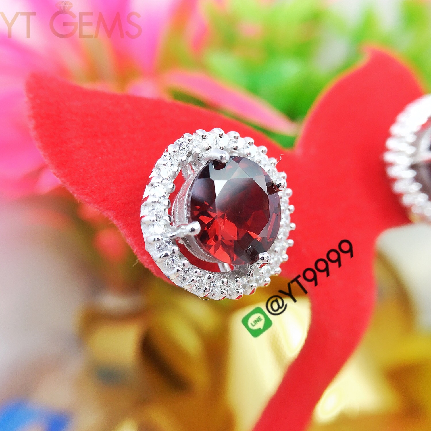 ต่างหูเงินแท้92.5% ชุบทองคำขาว พลอยโกเมน ประดับเพชรSwiss YTG-3218 YTGEMS