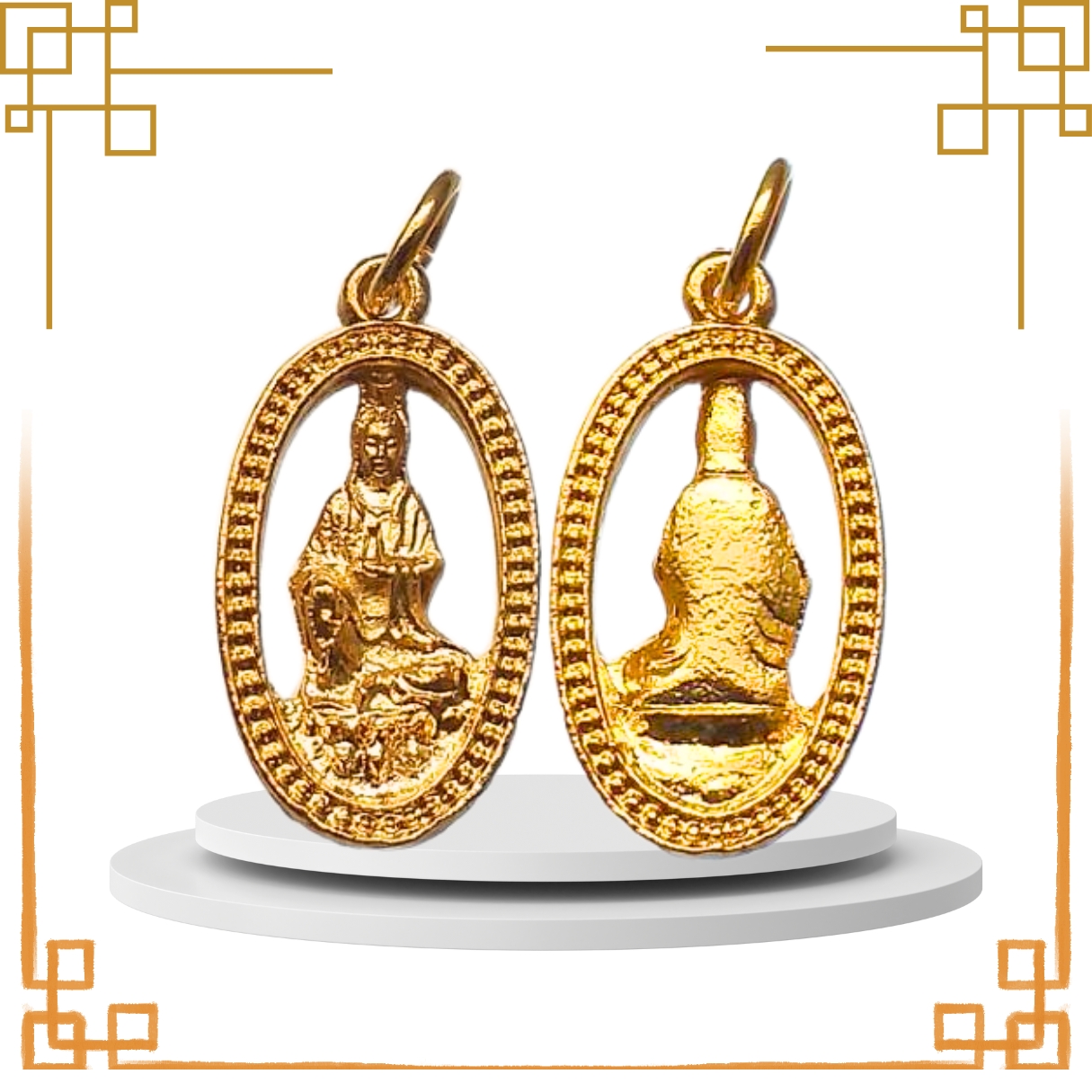 เหรียญหล่อพระโพธิสัตว์เจ้าแม่กวนอิมที่ระลึกเนื่องในพิธีเปิดอุทยานพระโพธิสัตว์เจ้าแม่กวนอิมวัดสุทธจินดาจ.นครราชสีมาปีพ.ศ.2546เนื้อกะไหล่ทอง