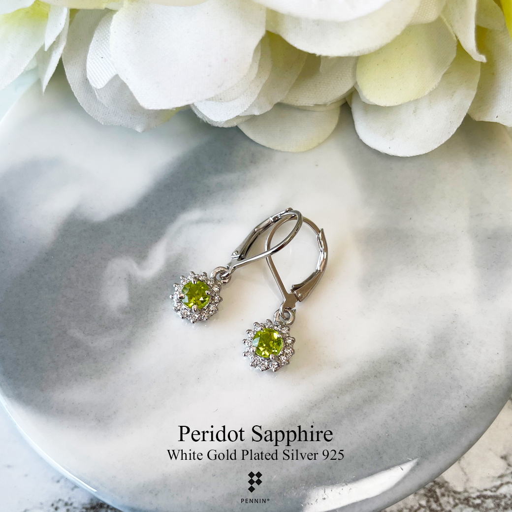 ต่างหูคลิปเกี่ยวห้อย พลอยเพอริดอท (Peridot) 4.5mm ล้อมเพชร CZ เงินแท้ชุบทองคำขาว