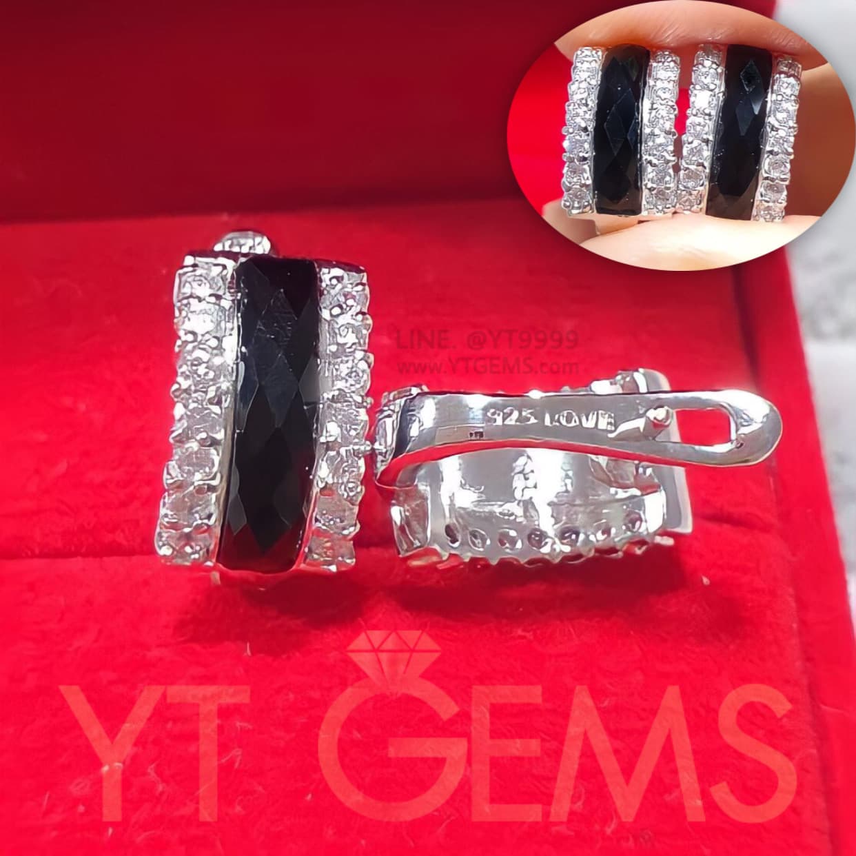 ต่างหูนิล ล้อมเพชร ต่างหูเงินแท้ ชุบทองคำขาว พลอยนิลแท้ YTG-11726 YTGEMS