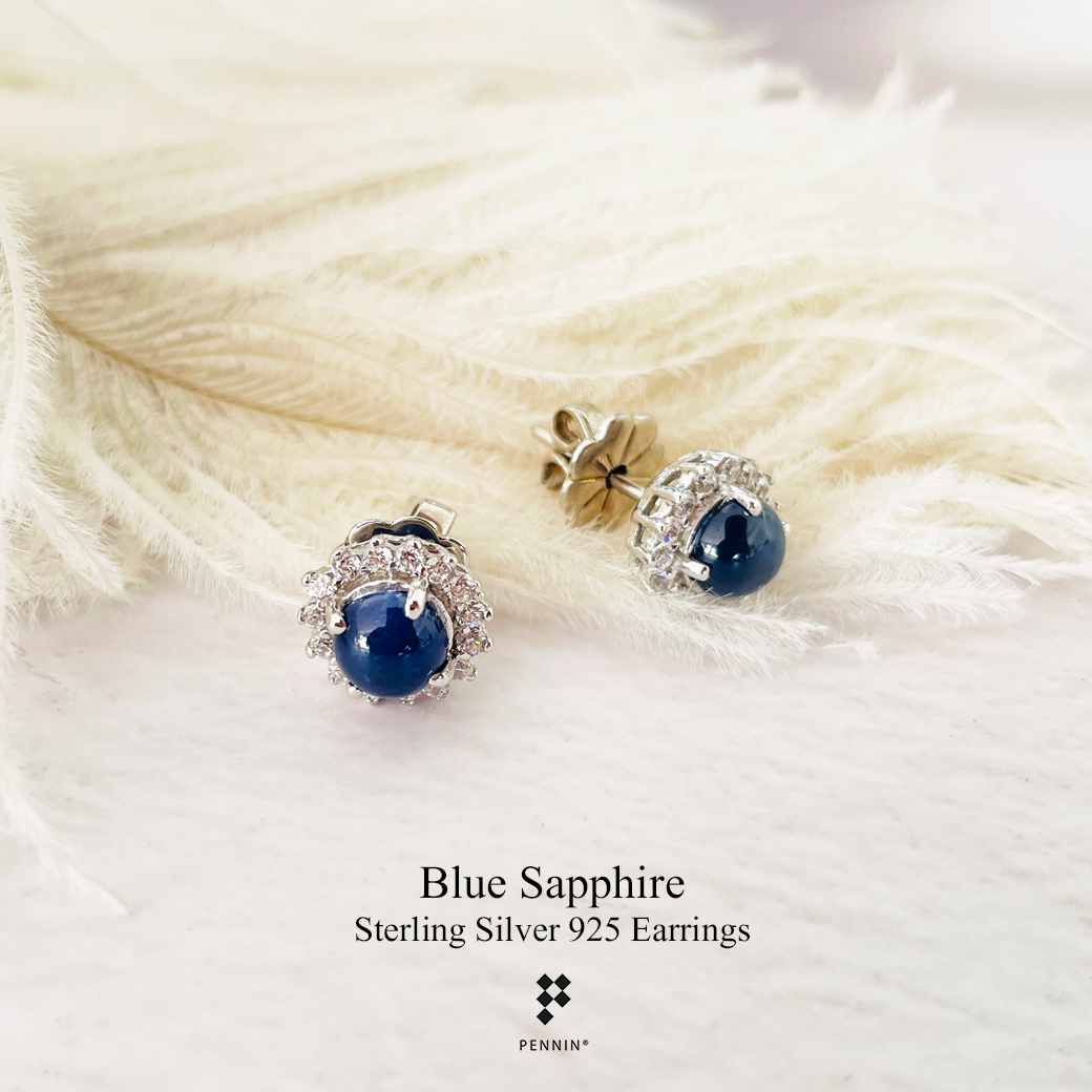 E11720 ต่างหู ไพลิน กาญจน์ หลังเบี้ย 6mm ล้อมเพชร CZ แบบเสียบ เงินชุบทองคำขาว