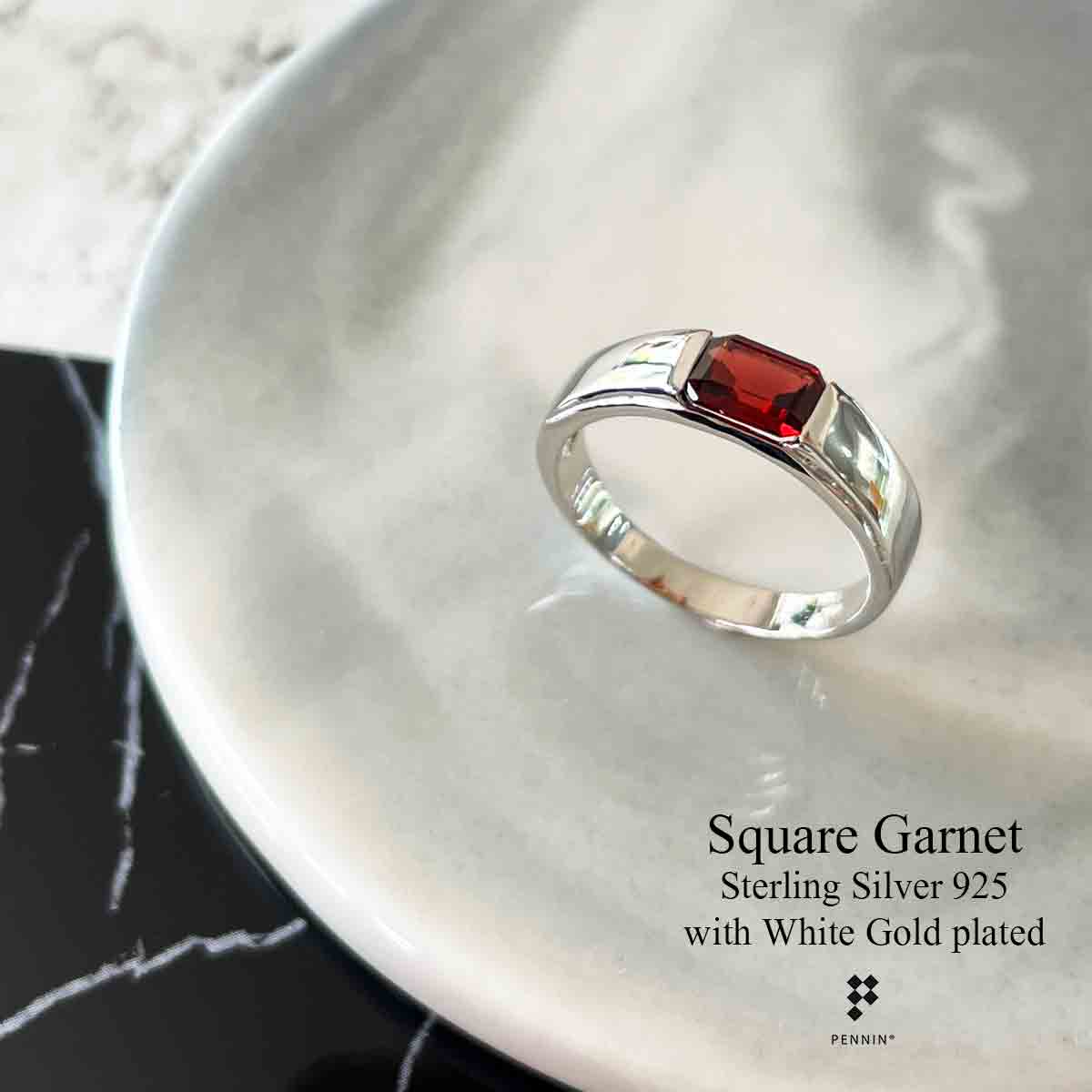 Rectangle Ring: แหวนโกเมน (Garnet) สี่เหลี่ยม 7x5mm เงินแท้ชุบทองคำขาว เรียบ เท่ มีสไตล์