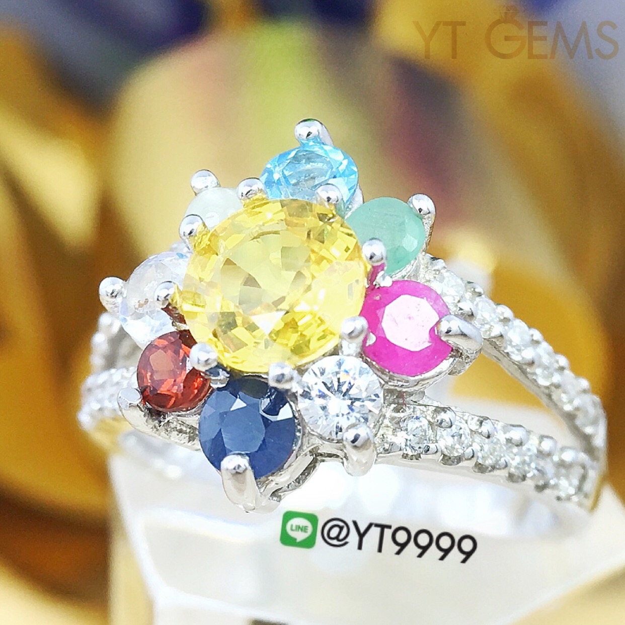 แหวนนพเก้า แหวนเงินแท้92.5% ชุบทองคำขาว พลอยนพเก้า (พลอยแท้) นพเก้าครบตามตำรา YTG-3322 YTGEMS