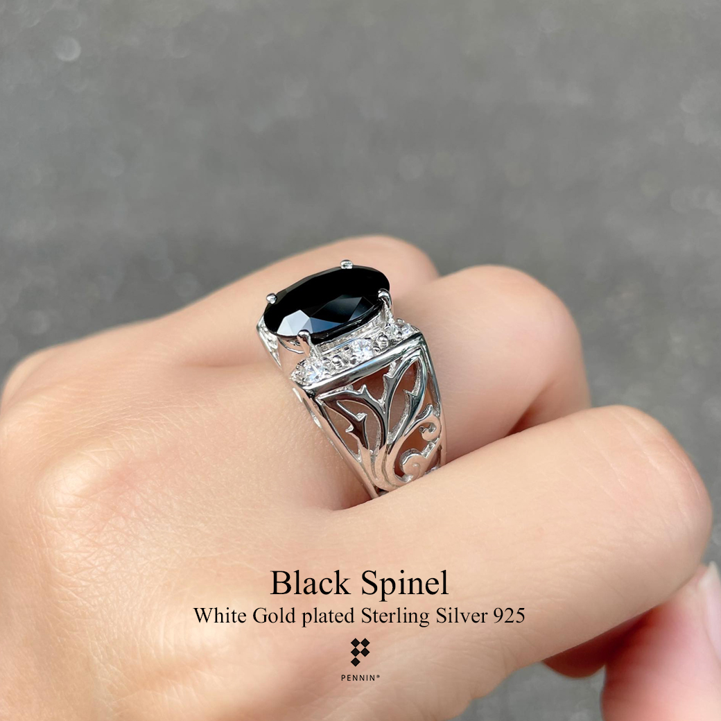 AXION: แหวนพลอยผู้ชาย นิลแท้ กาญจนบุรี ประดับเพชรสวิส CZ ก้านฉลุลายใบไม้ สวยสง่างาม