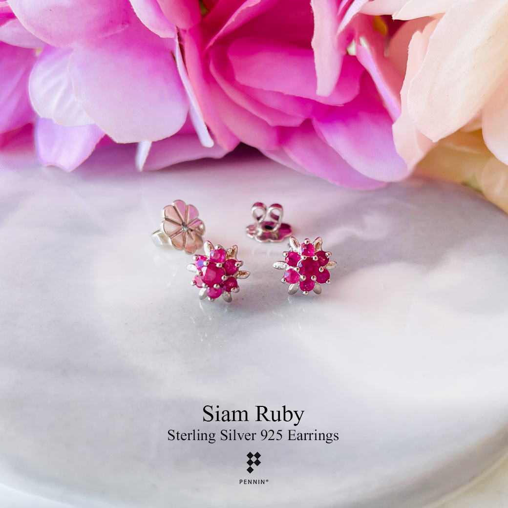 ต่างหูดอกพิกุลทับทิมสยามแซมใบเงิน Flower Ruby Earrings เงินแท้ 925 ชุบทองคำขาว