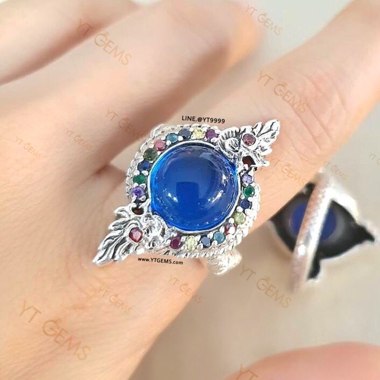 แหวนบ่วงนาคบาศ โอบมณีสีฟ้า เพทาย(CZ) ล้อมนพเก้า(CZ) แหวนเงินแท้ รมดำ YTG-11482 YTGEMS