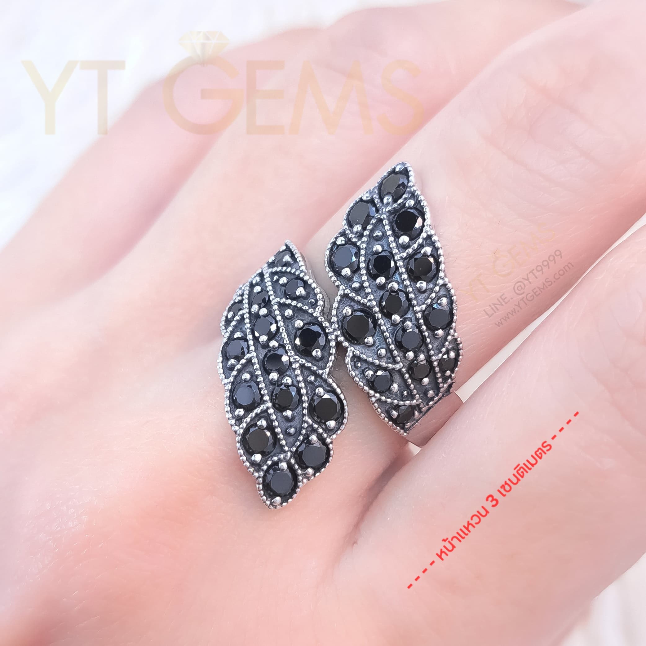 [สำหรับ ราคาส่ง ขั้นต่ำ 5 ชิ้น] แหวนใบมะกอก แหวน เงินแท้ รมดำ พลอย นิล cz YTG-10032-WH YTGEMS 5 ชิ้น