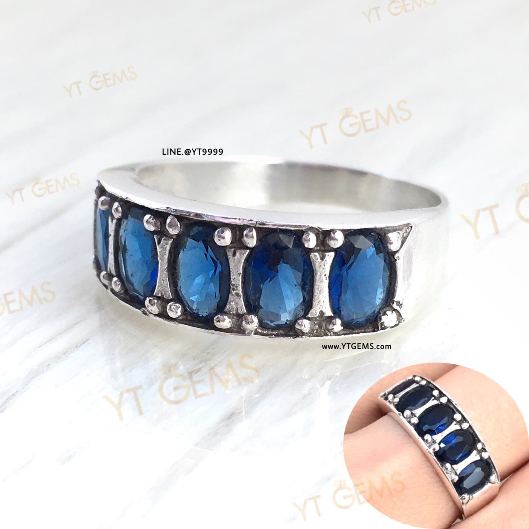 แหวนแถว ไพลิน แหวนเงินแท้ รมดำ พลอยไพลิน (CZ) YTG-11293 YTGEMS