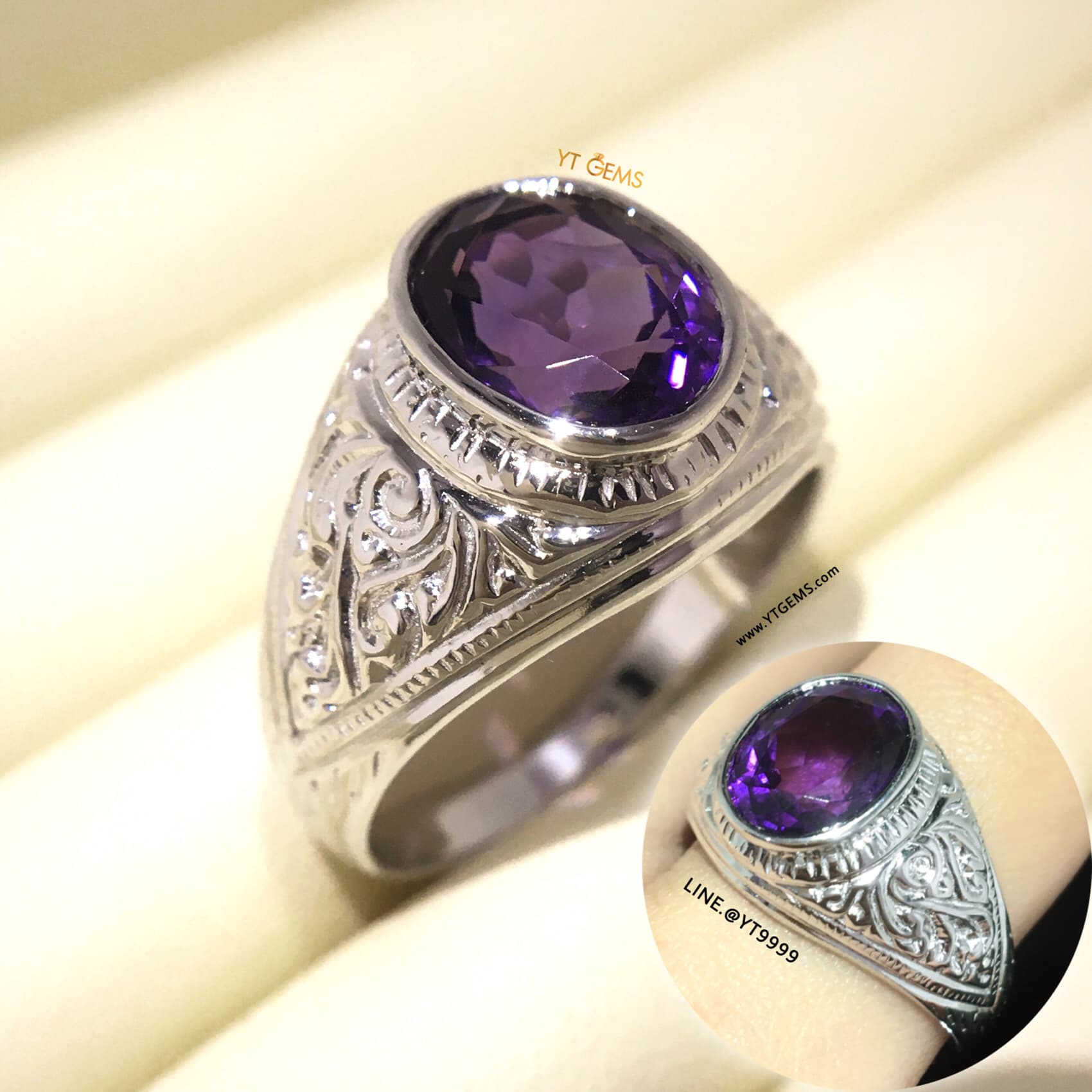 แหวนอเมทิสต์ แหวนเงินแท้ ลายไทย ชุบทองคำขาว พลอยอเมทิสต์แท้ YTG-11346 YTGEMS