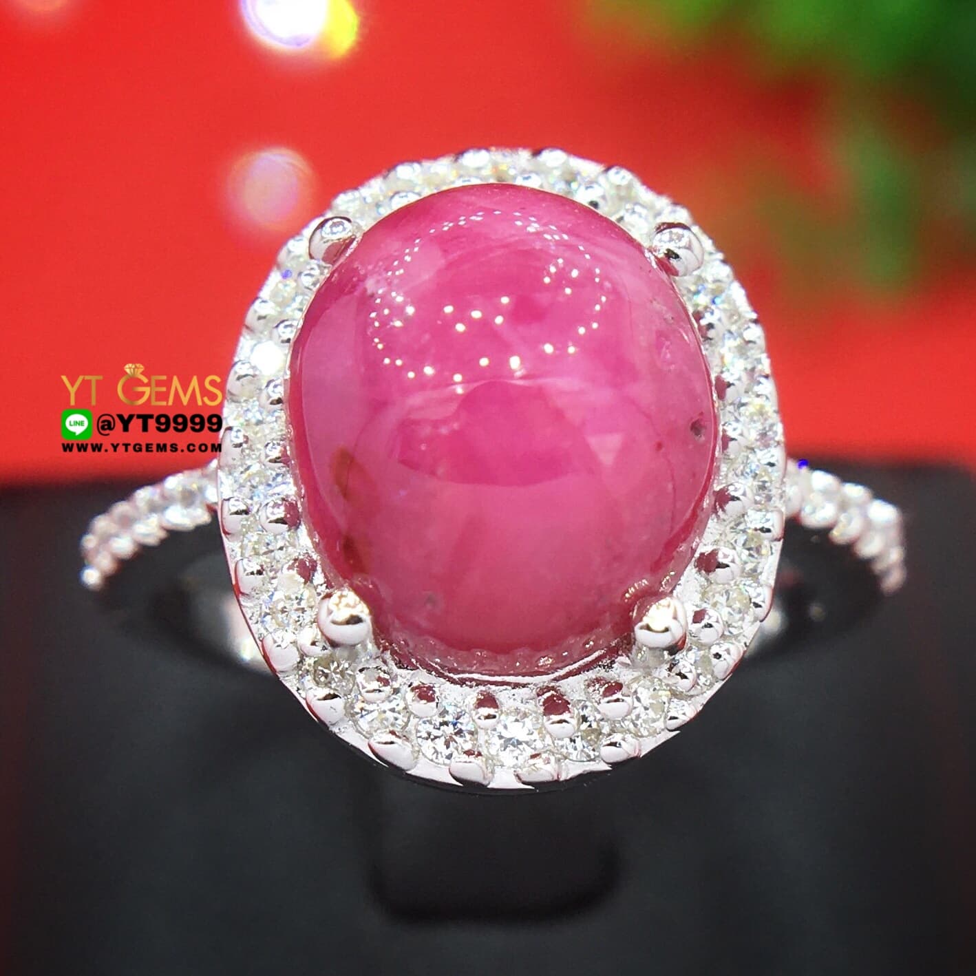 แหวนทับทิมกินบ่เซี่ยง ทับทิมสตาร์ ล้อมเพชรSwiss แหวนเงินแท้ 92.5% ชุบทองคำขาว พลอยทับทิมกินบ่เซี่ยงแท้ (เหลือบสตาร์เล็กน้อย) หน้าแหวน 1.5 ซม. YTG-7687 YTGEMS