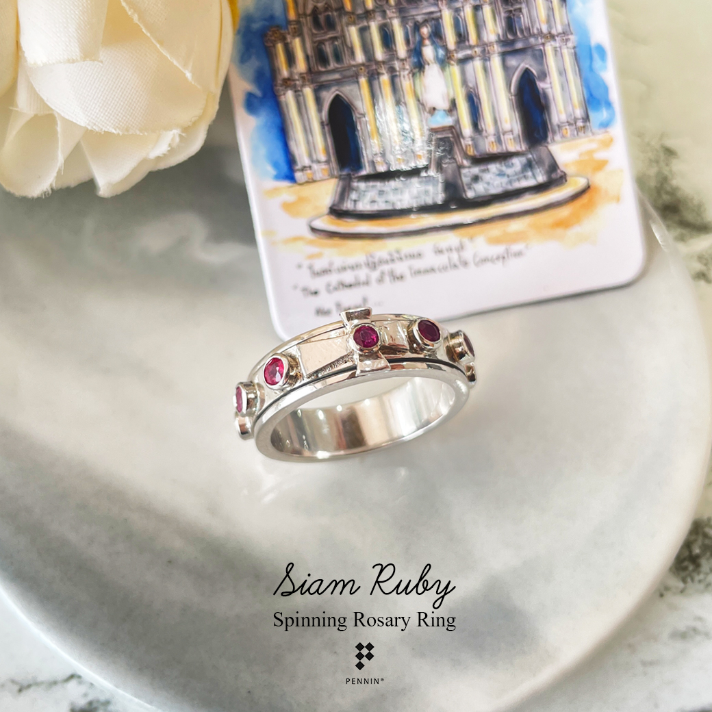 แหวนประคำ แหวนสวดภาวนาคริสต์ หมุนได้ พลอยทับทิมสยาม 2.5mm เงินแท้ Siam Ruby: Spinning Rosary Ring